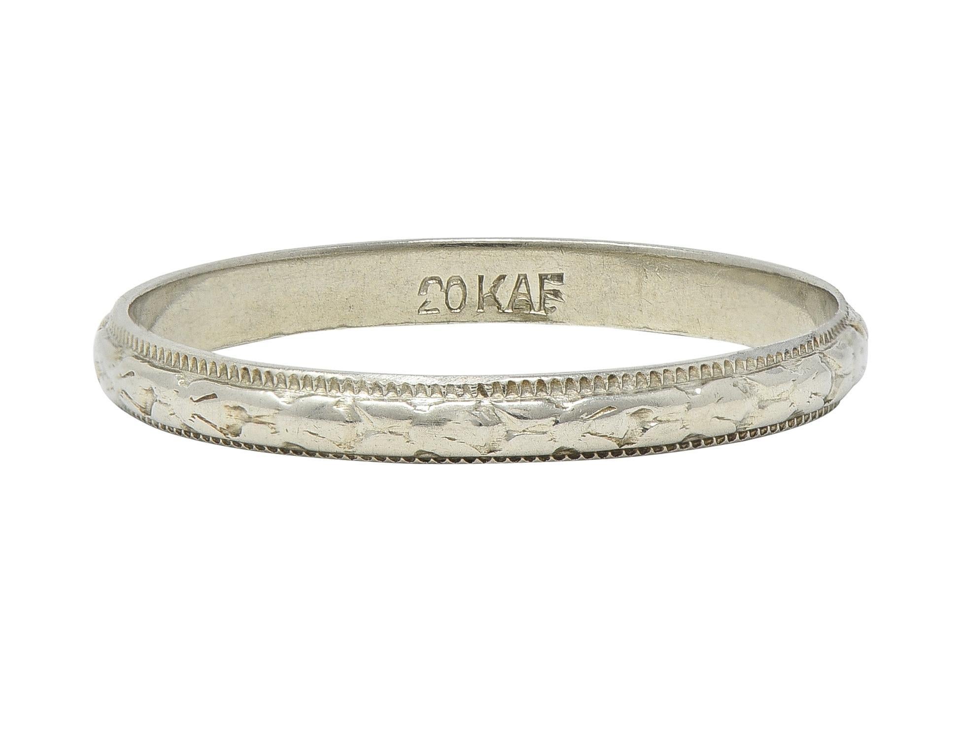Women's or Men's Art Deco 20 Karat White Gold Orange Blossom Wheat Wedding Band Ring For Sale
