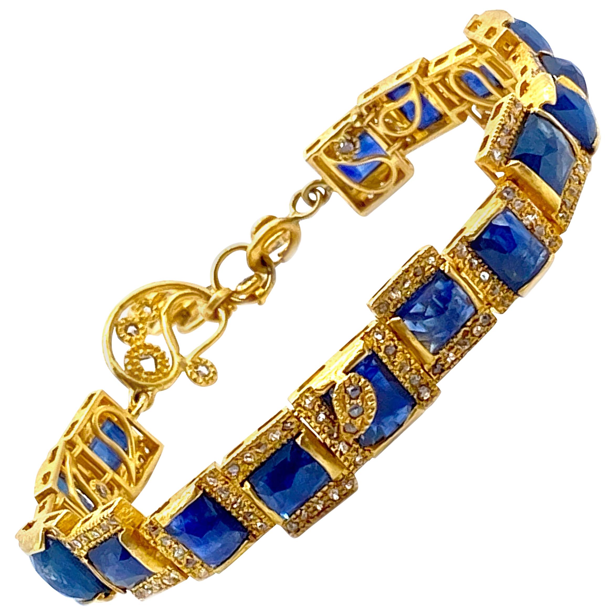 Art Deco Style 20 Karat Yellow Gold Mosaic Sapphire Coomi Bracelet