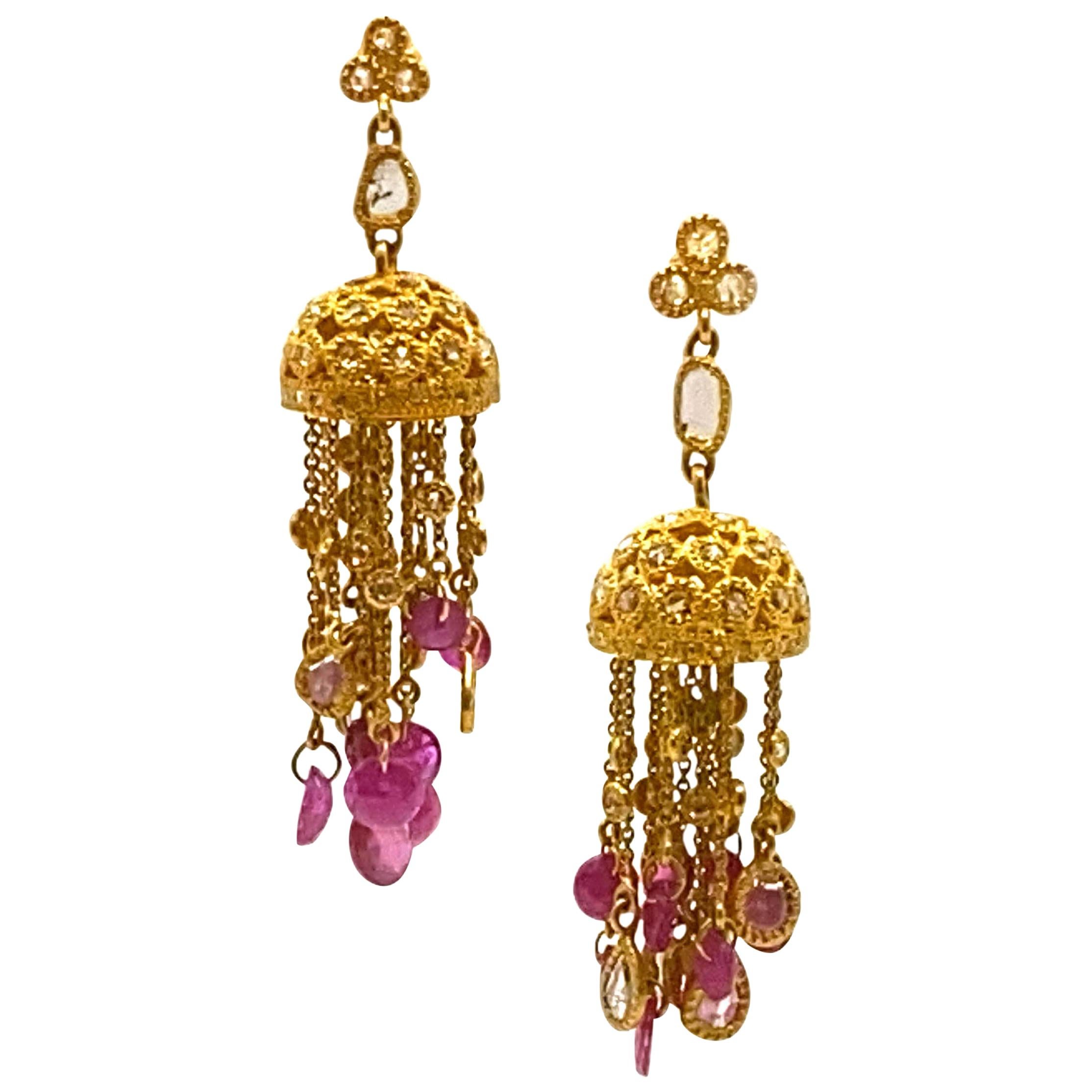 Art Deco Style 20 Karat Yellow Gold Ruby Chandelier Coomi Earrings