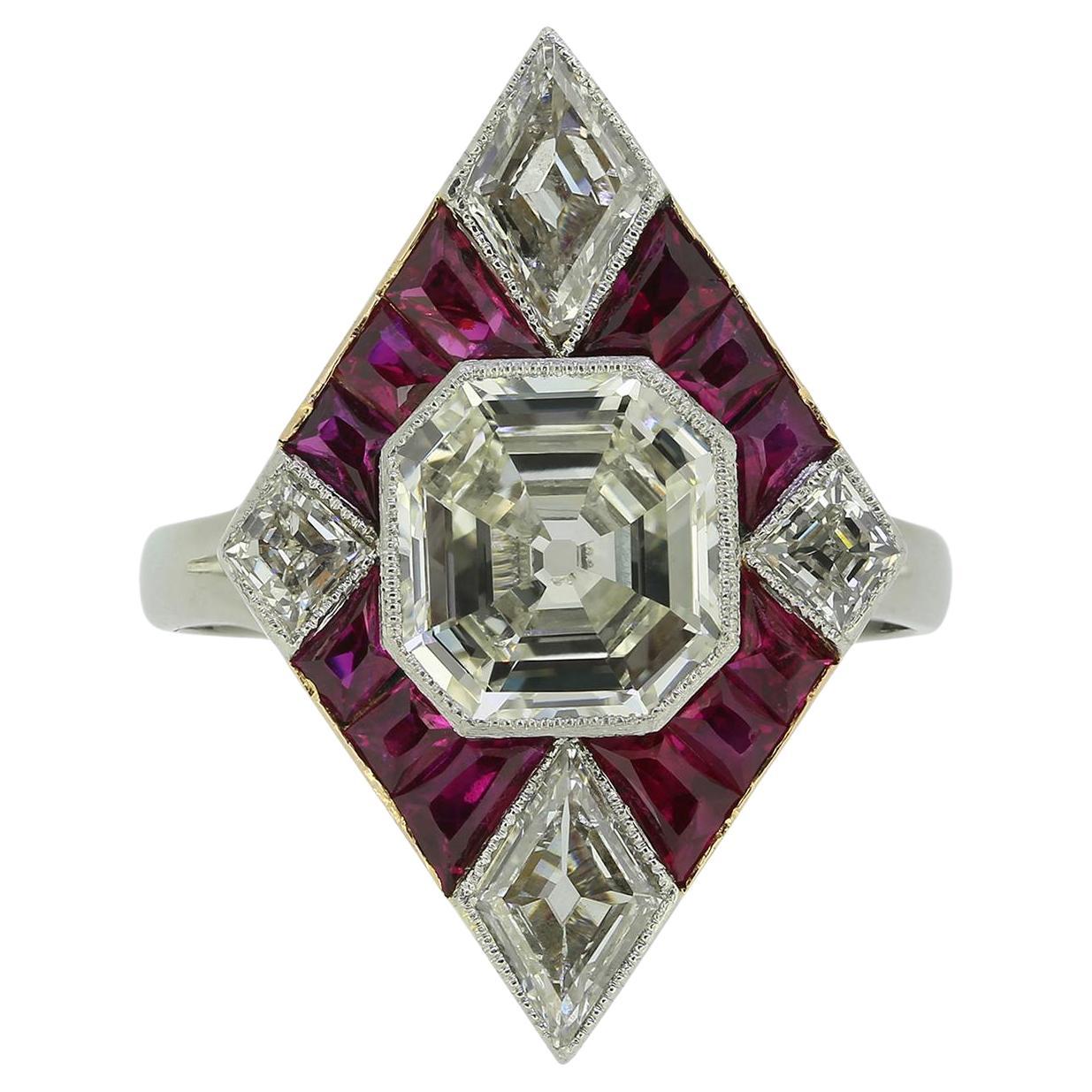 Art Deco 2.00 Carat Asscher Cut Diamond and Ruby Ring For Sale