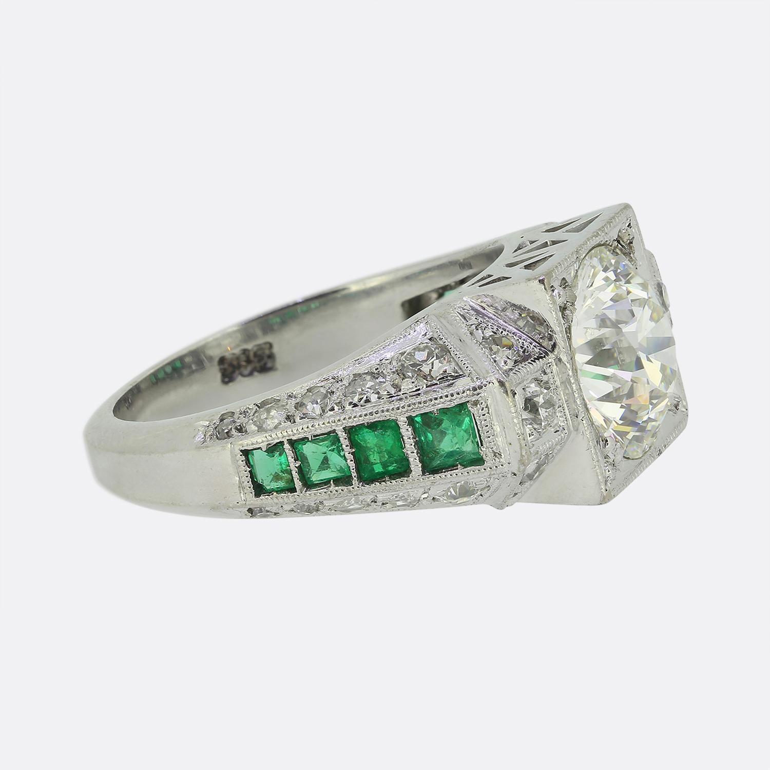 Old European Cut Art Deco 2.65 Carat Diamond and Emerald Ring For Sale