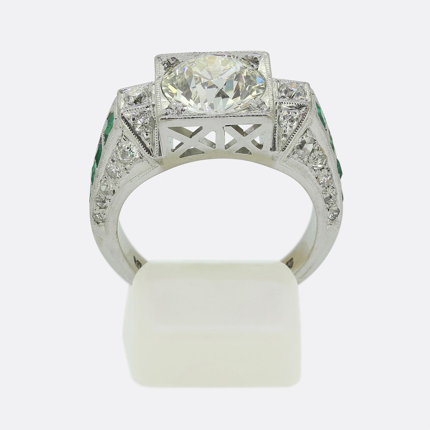 Women's or Men's Art Deco 2.65 Carat Diamond and Emerald Ring For Sale