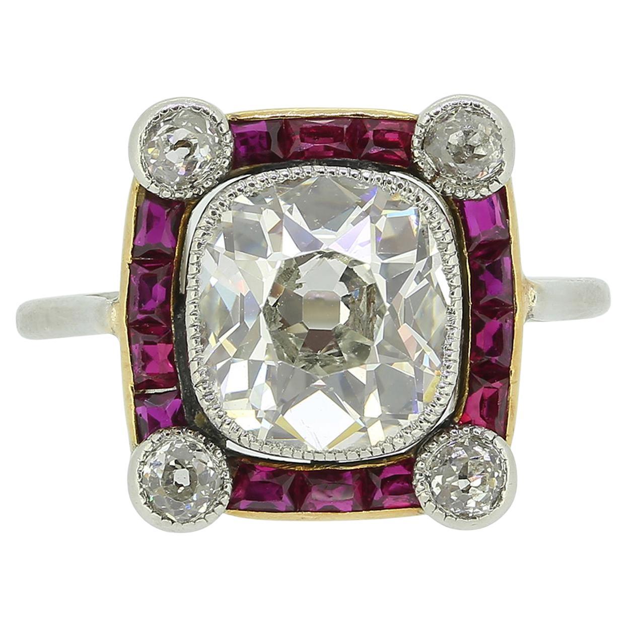 Art Deco 2.00 Carat Old Cushion Cut Diamond and Ruby Ring For Sale