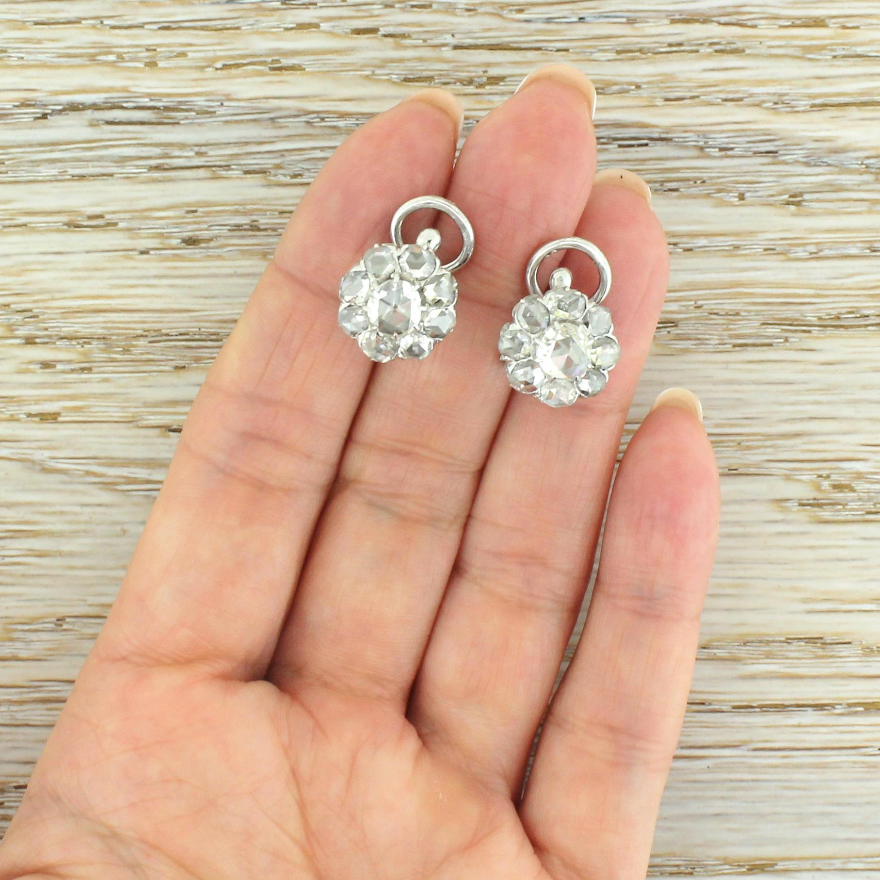 Art Deco 2.00 Carat Rose Cut Diamond Cluster Earrings For Sale 1