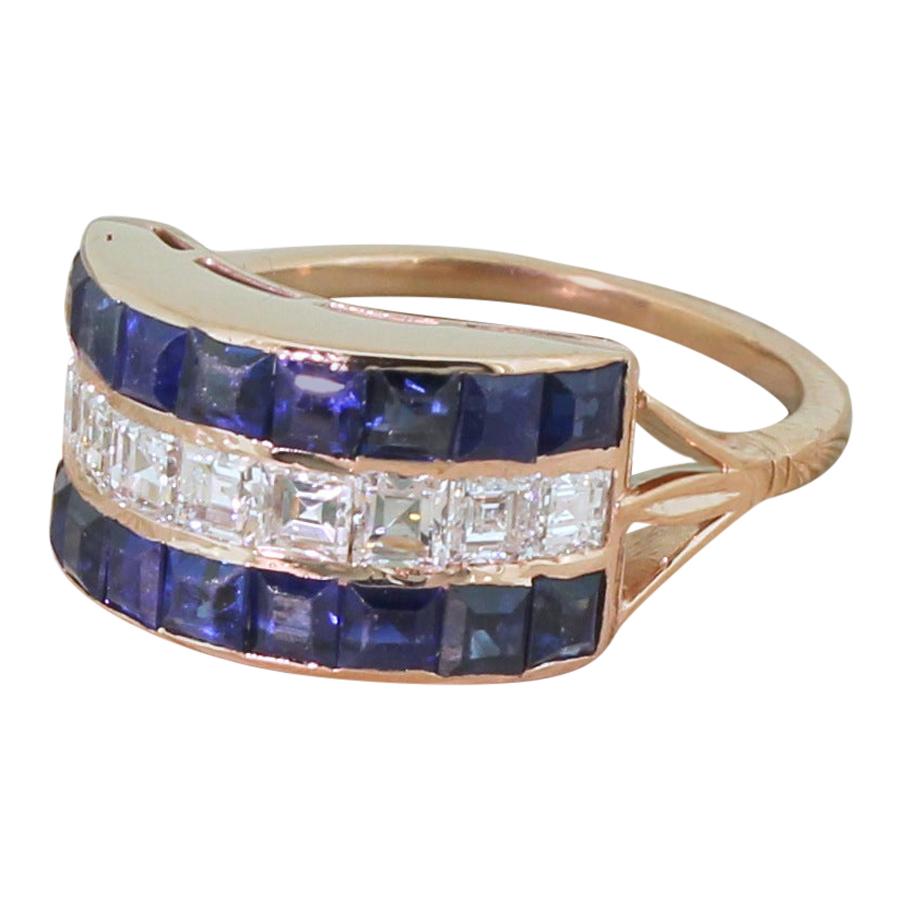 Art Deco 2.00 Carat Sapphire and 1.00 Carat Carré Cut Diamond Ring For Sale
