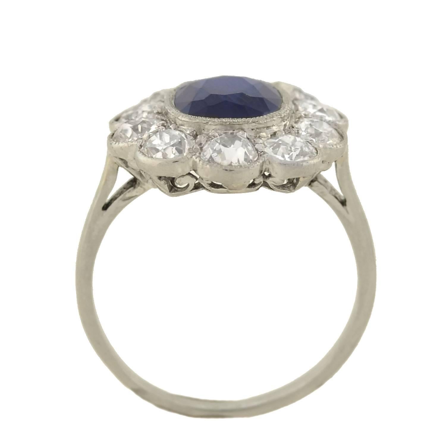 Old Mine Cut Art Deco 2.00 Carat Sapphire and Diamond Cluster Ring