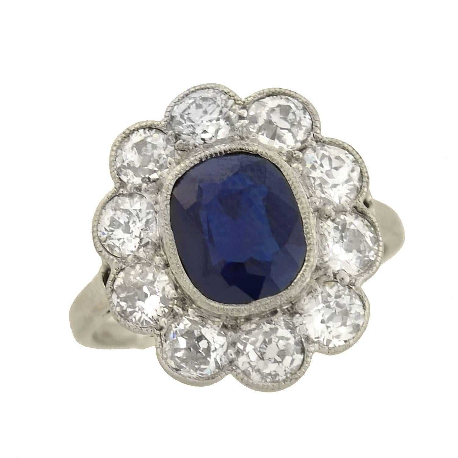 Art Deco 2.00 Carat Sapphire and Diamond Cluster Ring In Good Condition In Narberth, PA