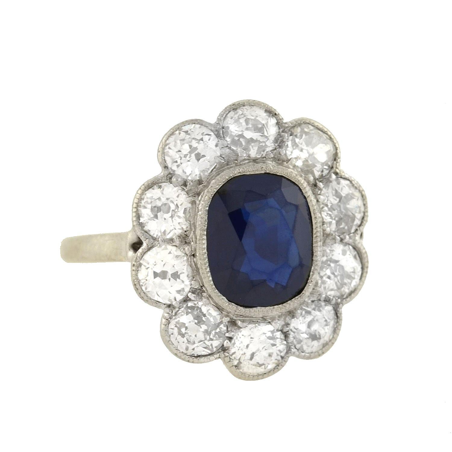 Art Deco 2.00 Carat Sapphire and Diamond Cluster Ring