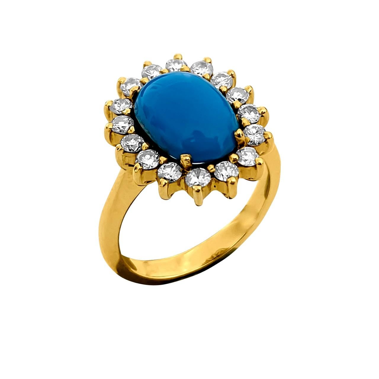 Crafted in luxurious 18K yellow gold, this exquisite cocktail ring features a captivating 2.00 carat oval-shaped turquoise, embraced by a total of 1.00 carats of round brilliant-cut diamonds on the sides. All gems are 100% natural earth mined and