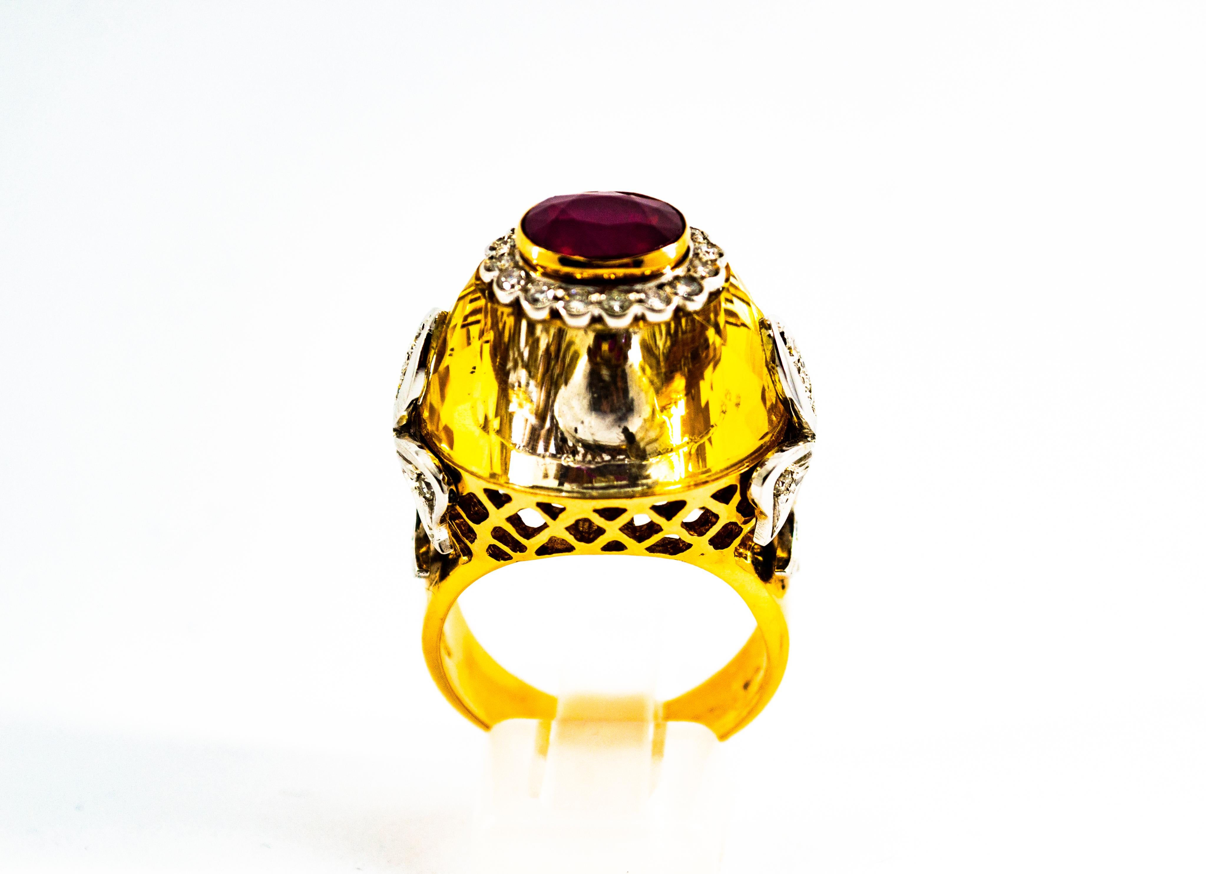 This Ring is made of 14K Yellow Gold.
This Ring has 0.60 Carats of White Modern Round Cut Diamonds.
This Ring has a 1.20 Carats Natural Heated Oval Cut Ruby.
This Ring has also a big Natural Citrine.
Size ITA: 21 Size USA: 9.5
We're a workshop so