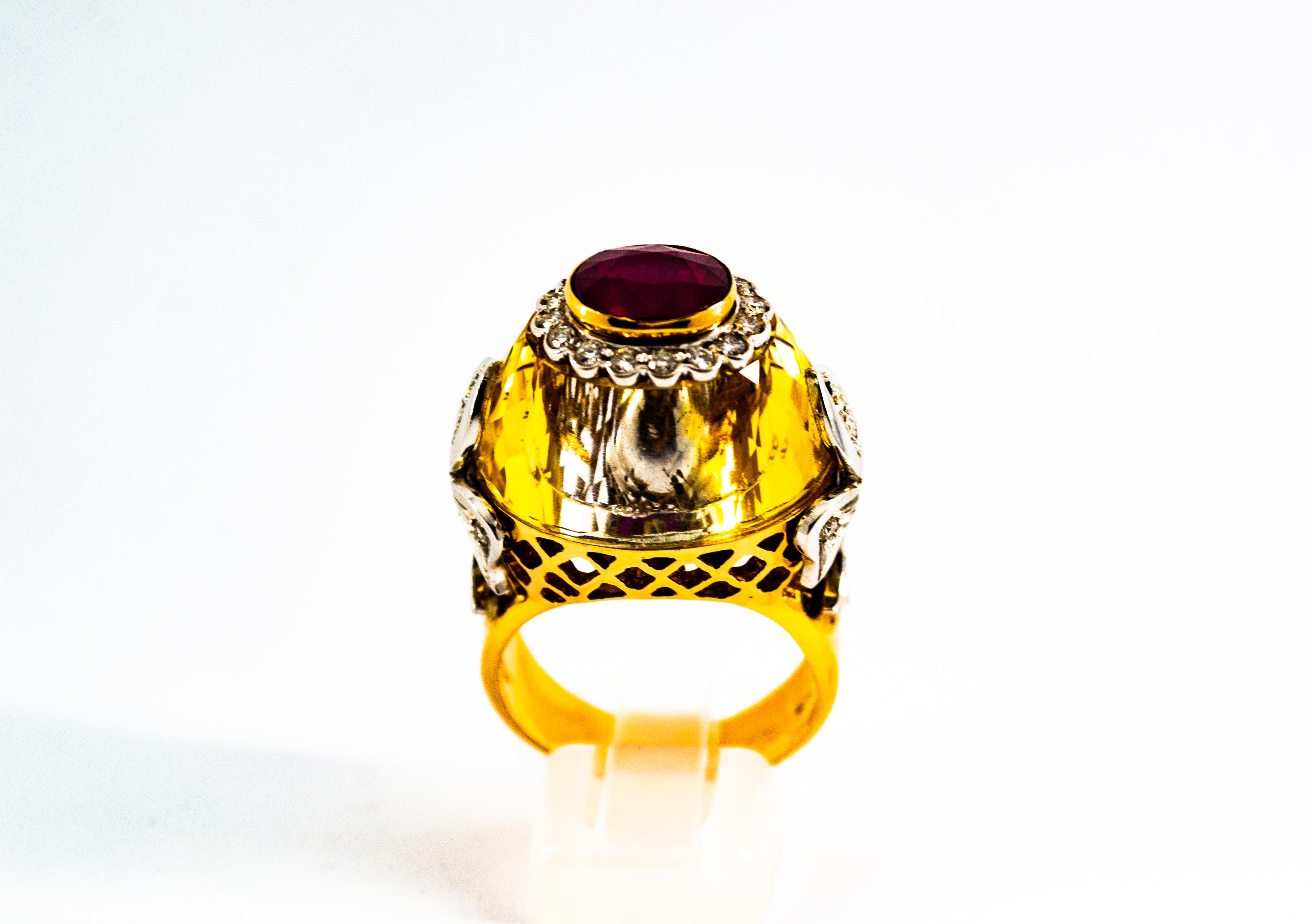 Round Cut Art Deco Style 1.80 Carat White Diamond Ruby Citrine Yellow Gold Cocktail Ring