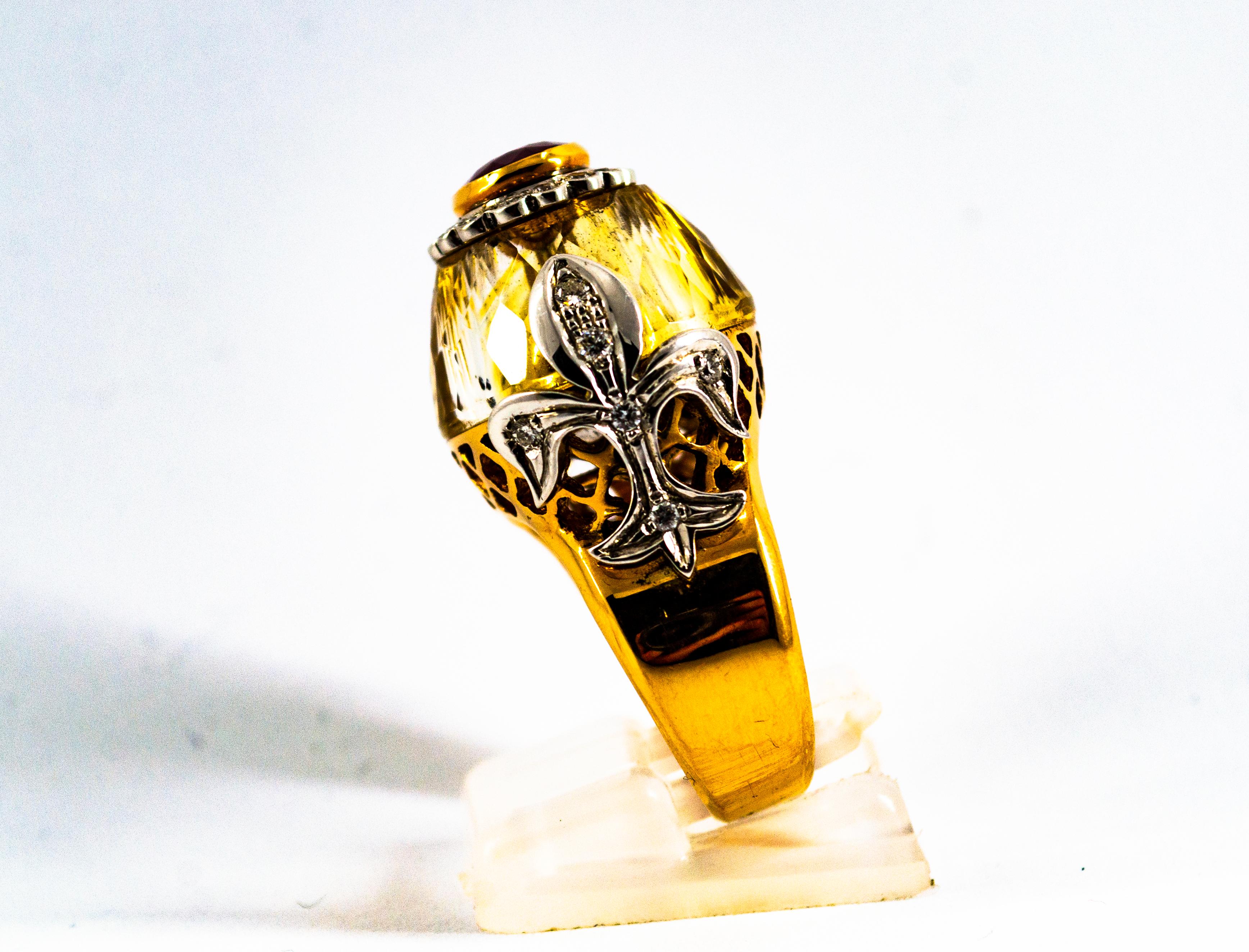 Art Deco Style 1.80 Carat White Diamond Ruby Citrine Yellow Gold Cocktail Ring In New Condition In Naples, IT