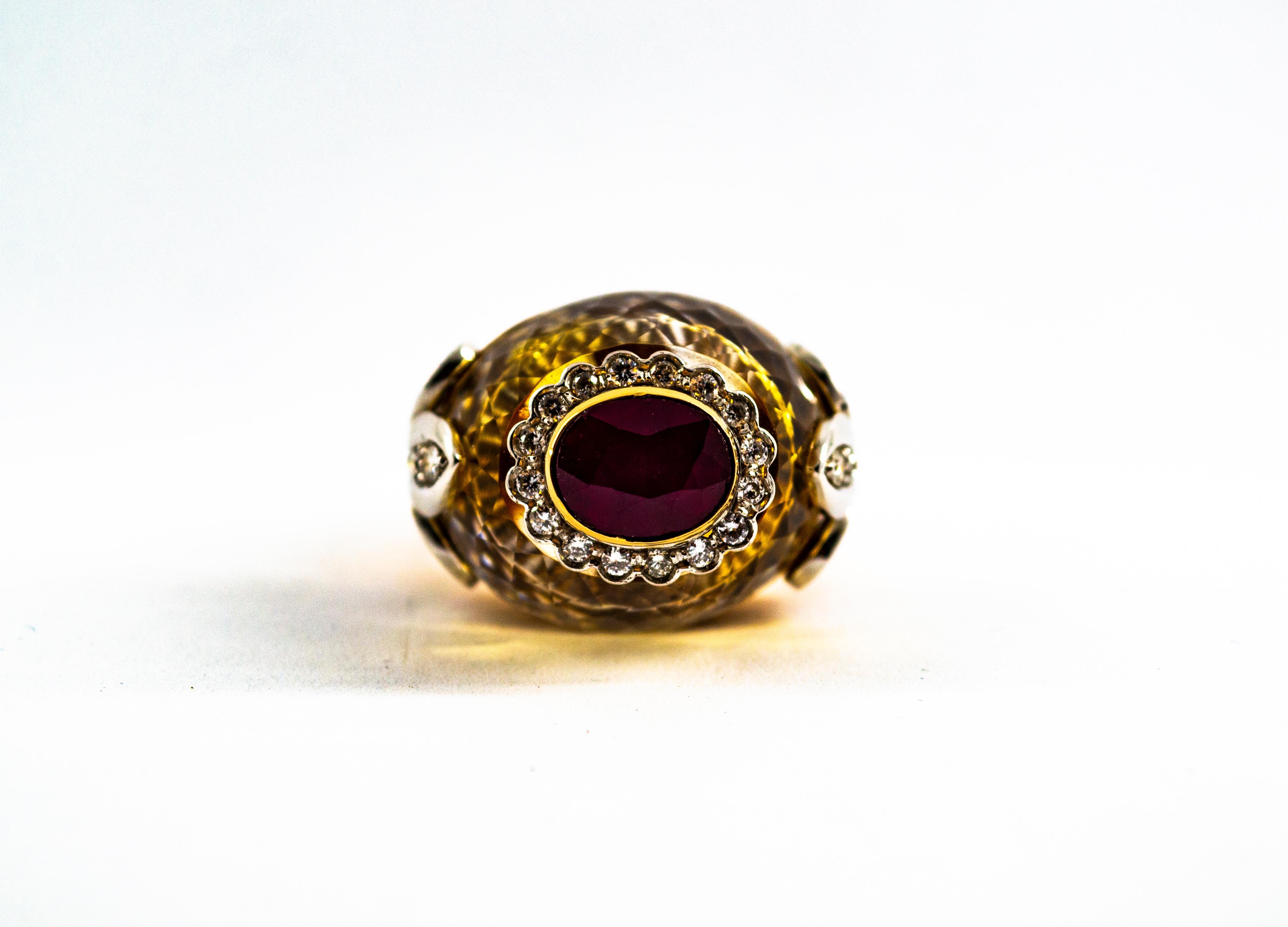Women's or Men's Art Deco Style 1.80 Carat White Diamond Ruby Citrine Yellow Gold Cocktail Ring
