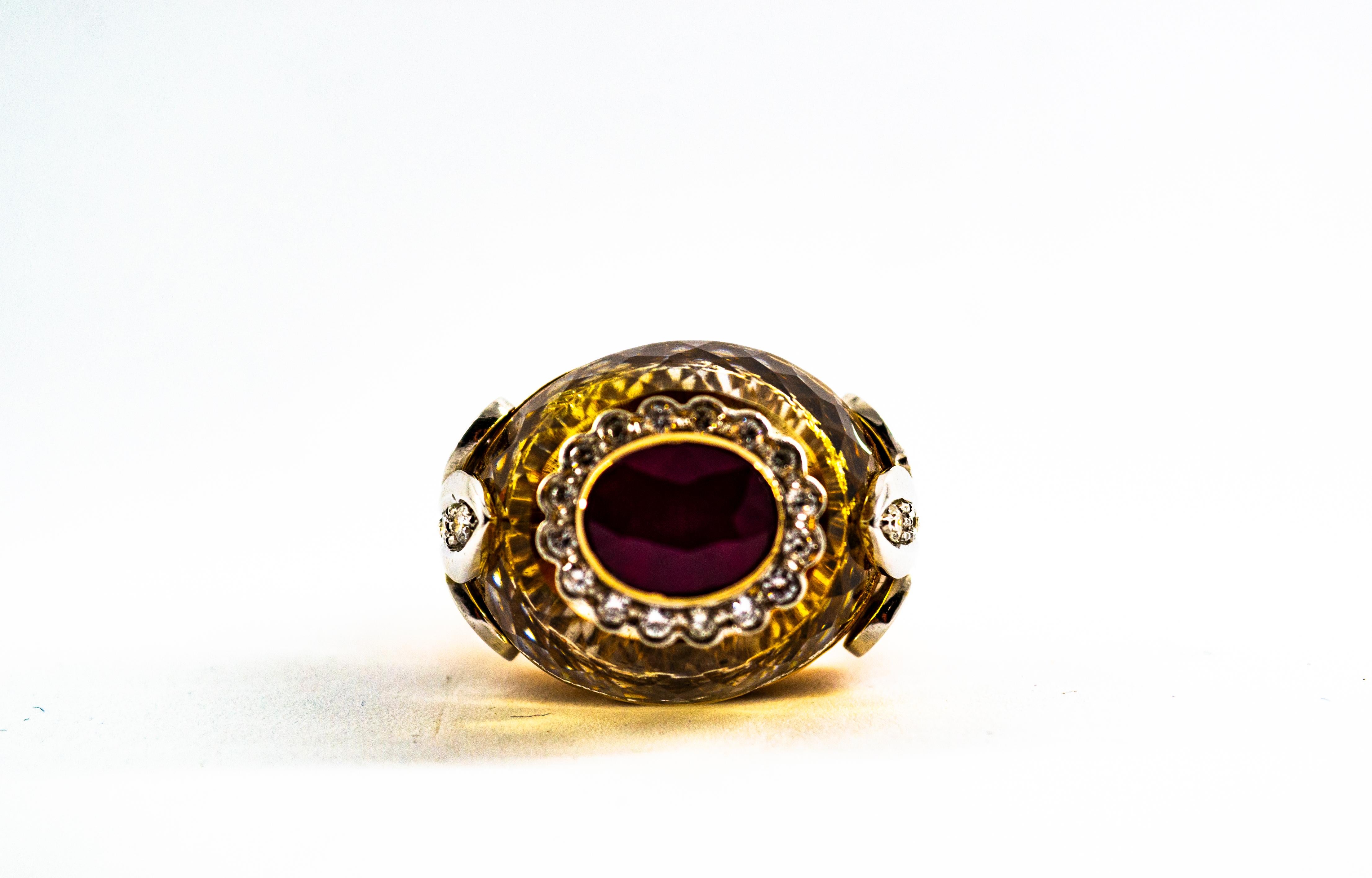 Art Deco Style 1.80 Carat White Diamond Ruby Citrine Yellow Gold Cocktail Ring 1