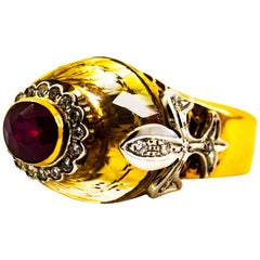 Art Deco Style 1.80 Carat White Diamond Ruby Citrine Yellow Gold Cocktail Ring