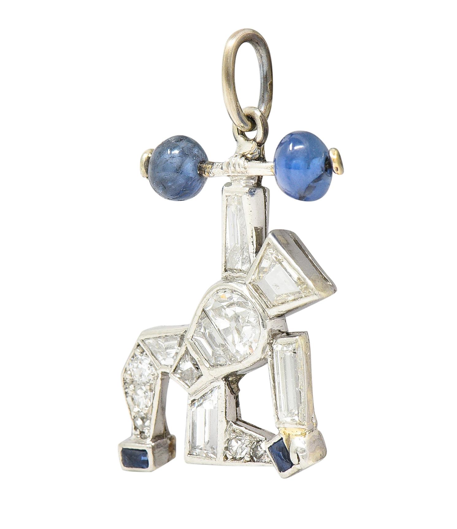 Art Deco 2.00 Carats Sapphire Diamond Platinum Strongman Weightlifter Charm In Excellent Condition In Philadelphia, PA