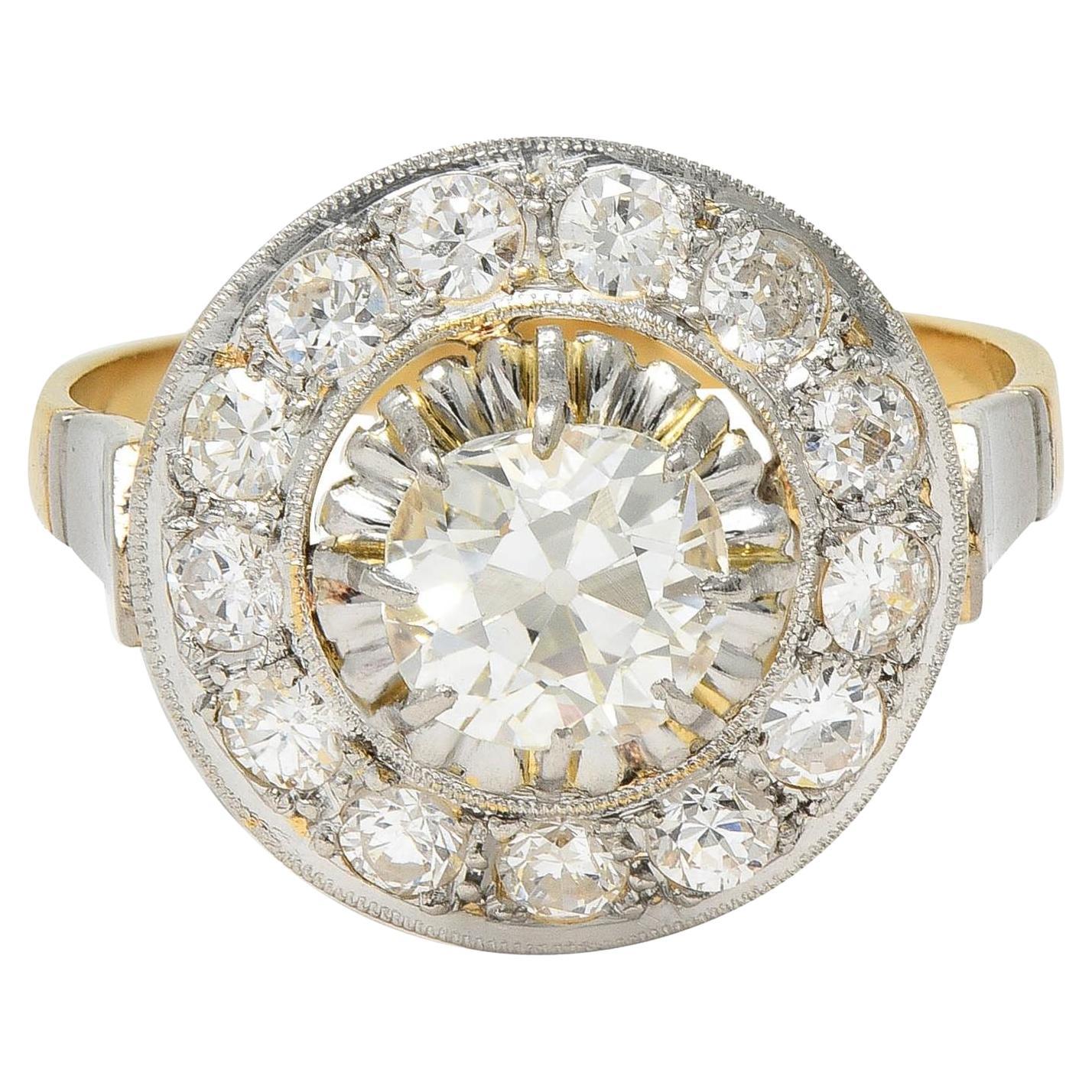 Art Deco 2.00 CTW Mine Cut Diamond Platinum 18 Karat Gold Vintage Halo Ring