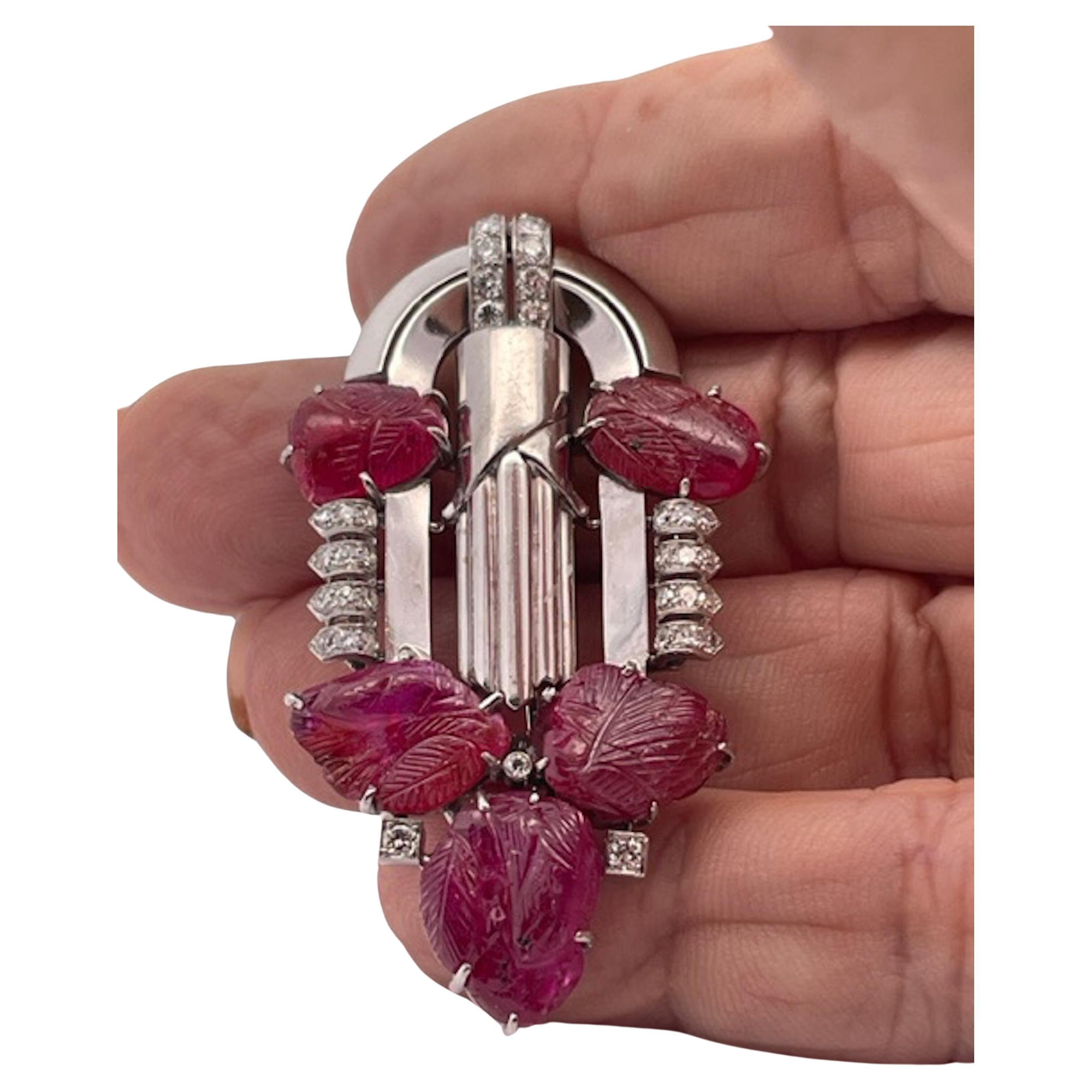 Art Deco 20.00 Carat Carved Ruby Diamond Brooch   For Sale