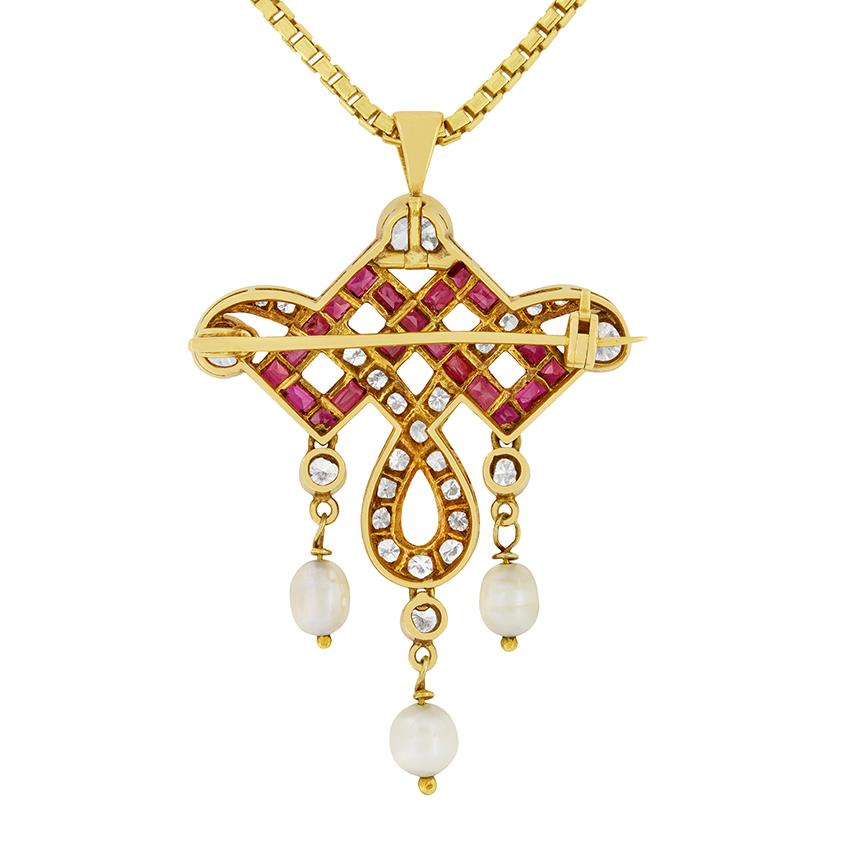 Old European Cut Art Deco 2.00ct Diamond, Ruby and Pearl Necklace, c.1930s