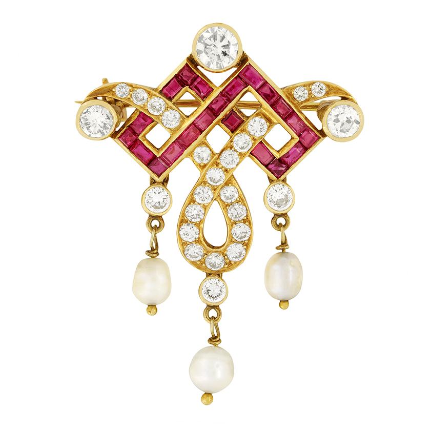 Art Deco 2.00ct Diamond, Ruby and Pearl Necklace, c.1930s