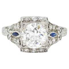 Art Deco 2.01 Carats Old European Cut Diamond Sapphire Platinum Engagement Ring
