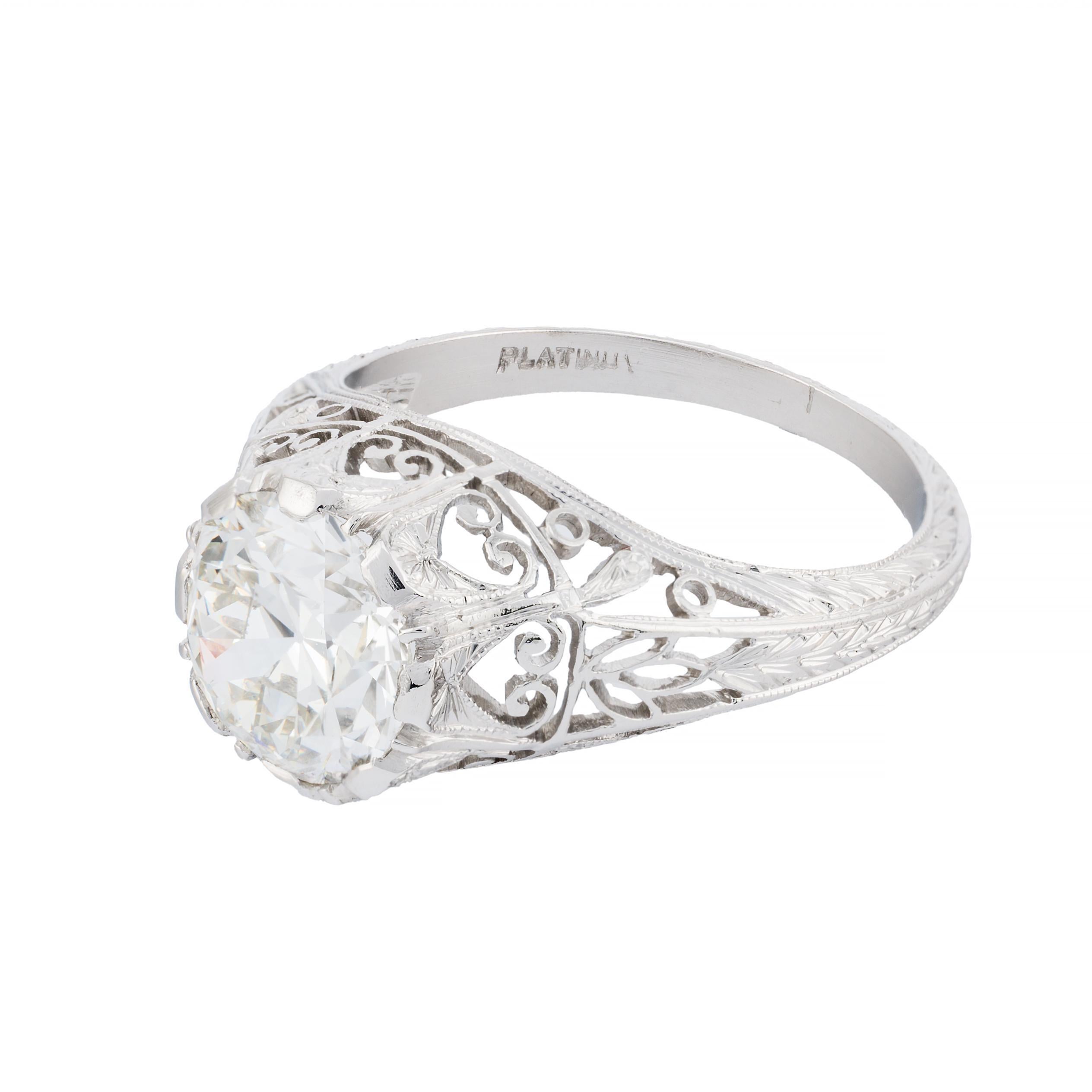 Art Deco 2.02 Carat European Cut Diamond Solitaire Engagment Ring in Platinum In Excellent Condition For Sale In Boston, MA