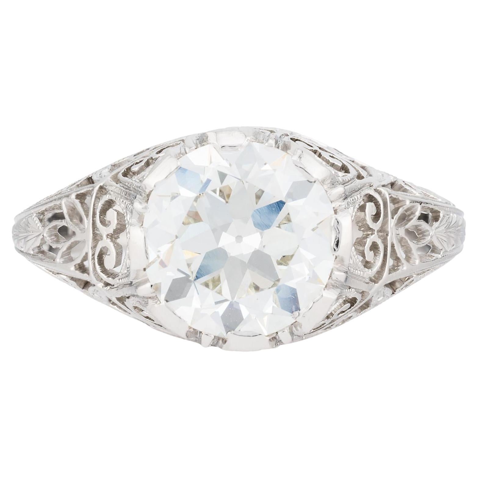 Art Deco 2.02 Carat European Cut Diamond Solitaire Engagment Ring in Platinum For Sale
