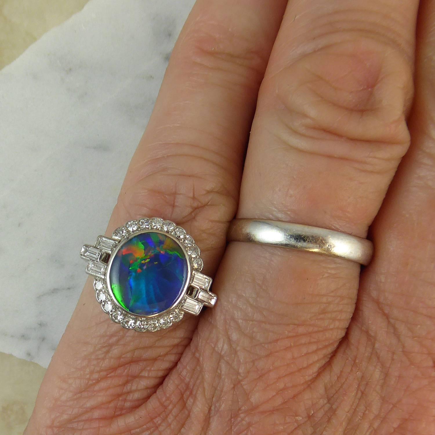 Art Deco 2.03 Carat Black Opal and Diamond Ring, Platinum, circa 1930s In Excellent Condition In Yorkshire, West Yorkshire
