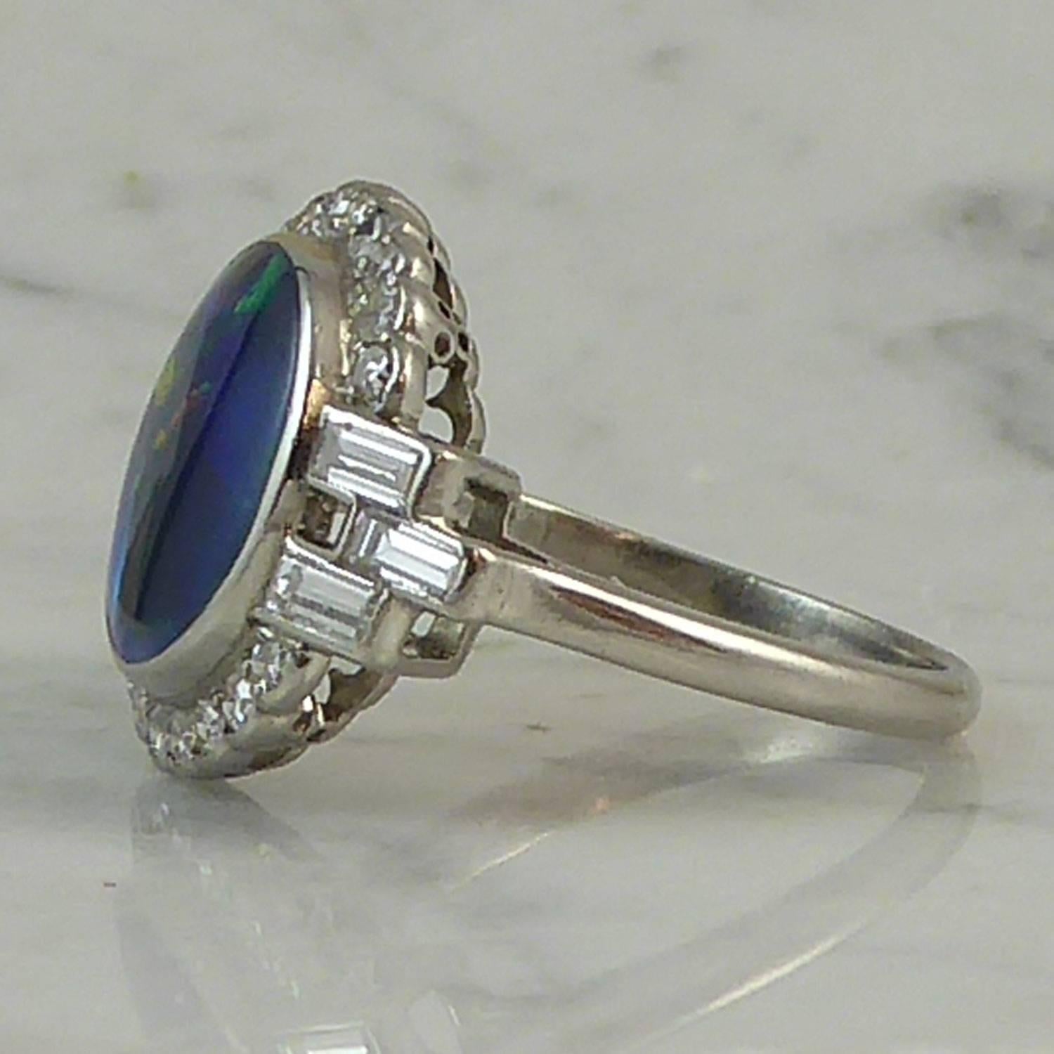 Art Deco 2.03 Carat Black Opal and Diamond Ring, Platinum, circa 1930s 1