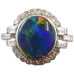 Art Deco 2.03 Carat Black Opal and Diamond Ring, Platinum, circa 1930s