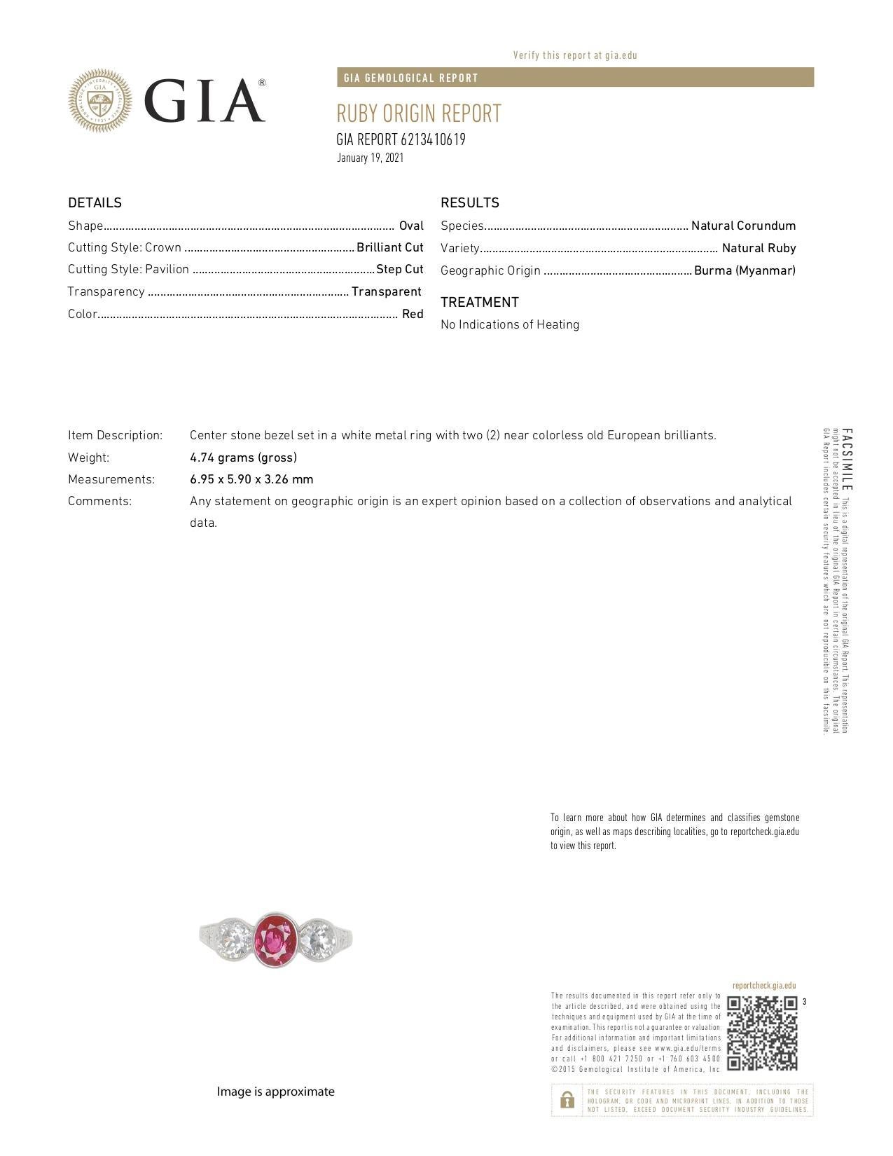 Art Deco 2.03 Carat No Heart Burma Ruby Diamond Platinum Three-Stone Ring 7