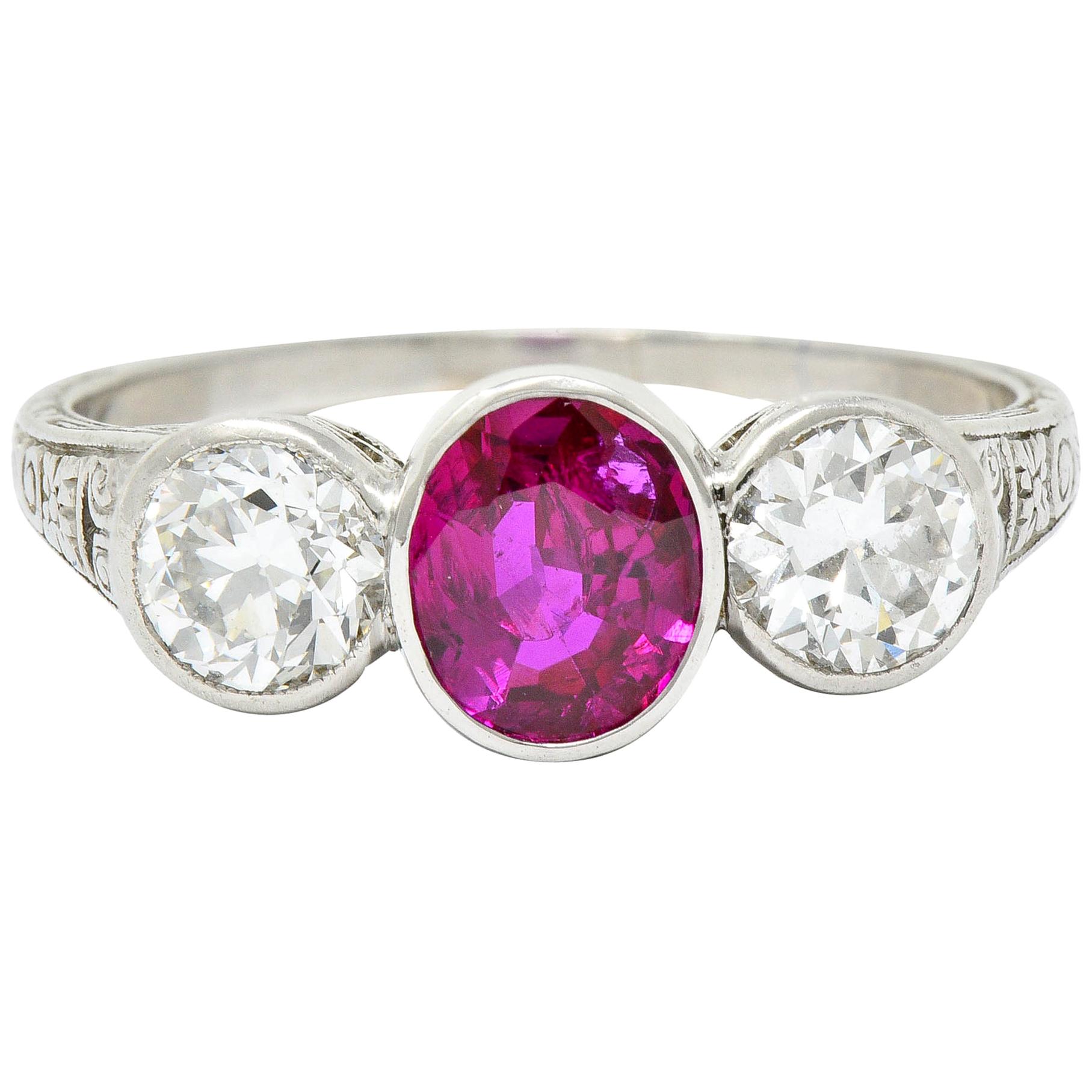 Art Deco 2.03 Carat No Heart Burma Ruby Diamond Platinum Three-Stone Ring