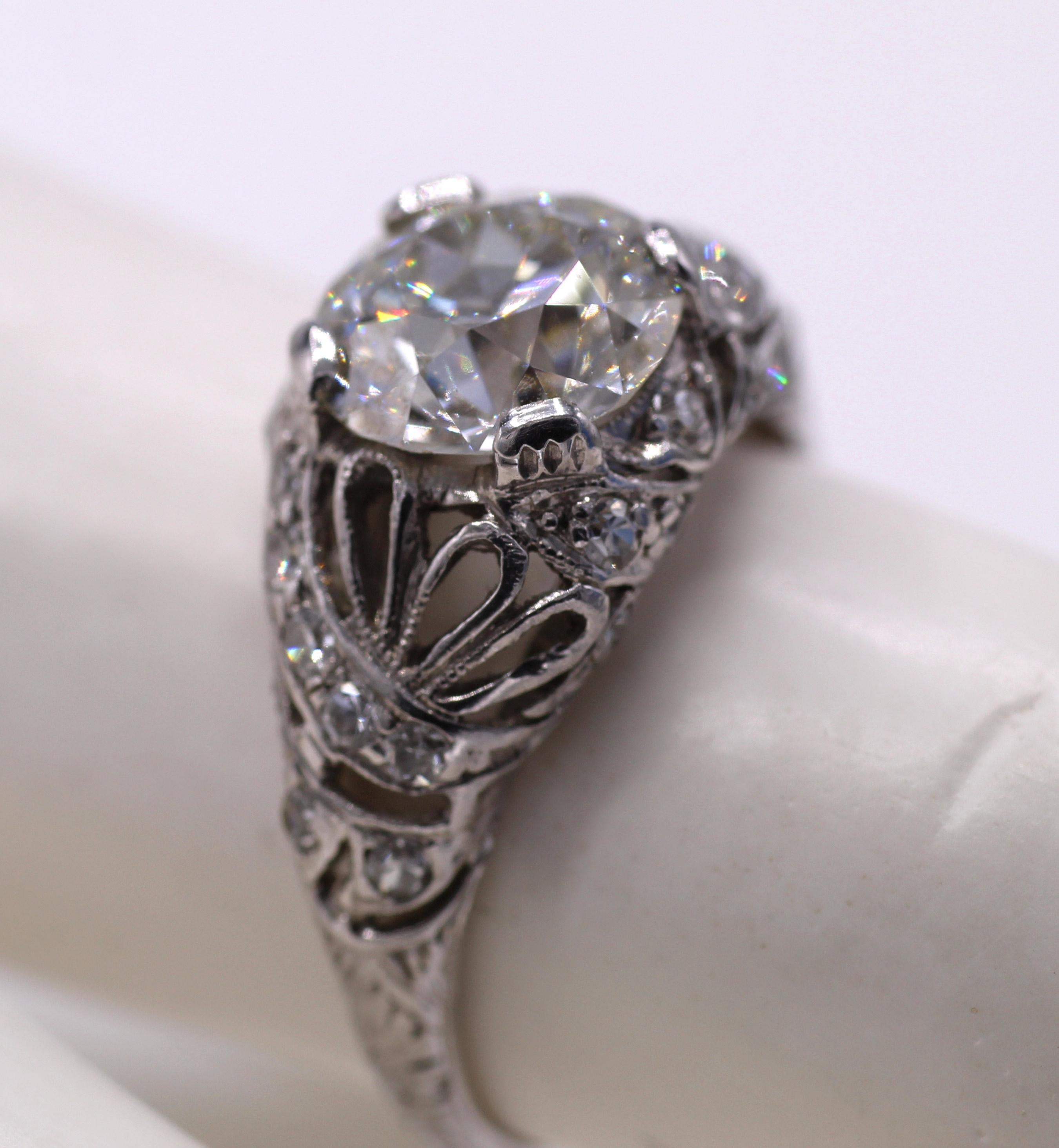 Art Deco 2.03 Carat Old European Cut Diamond GIA Certified Platinum Ring In Excellent Condition In New York, NY