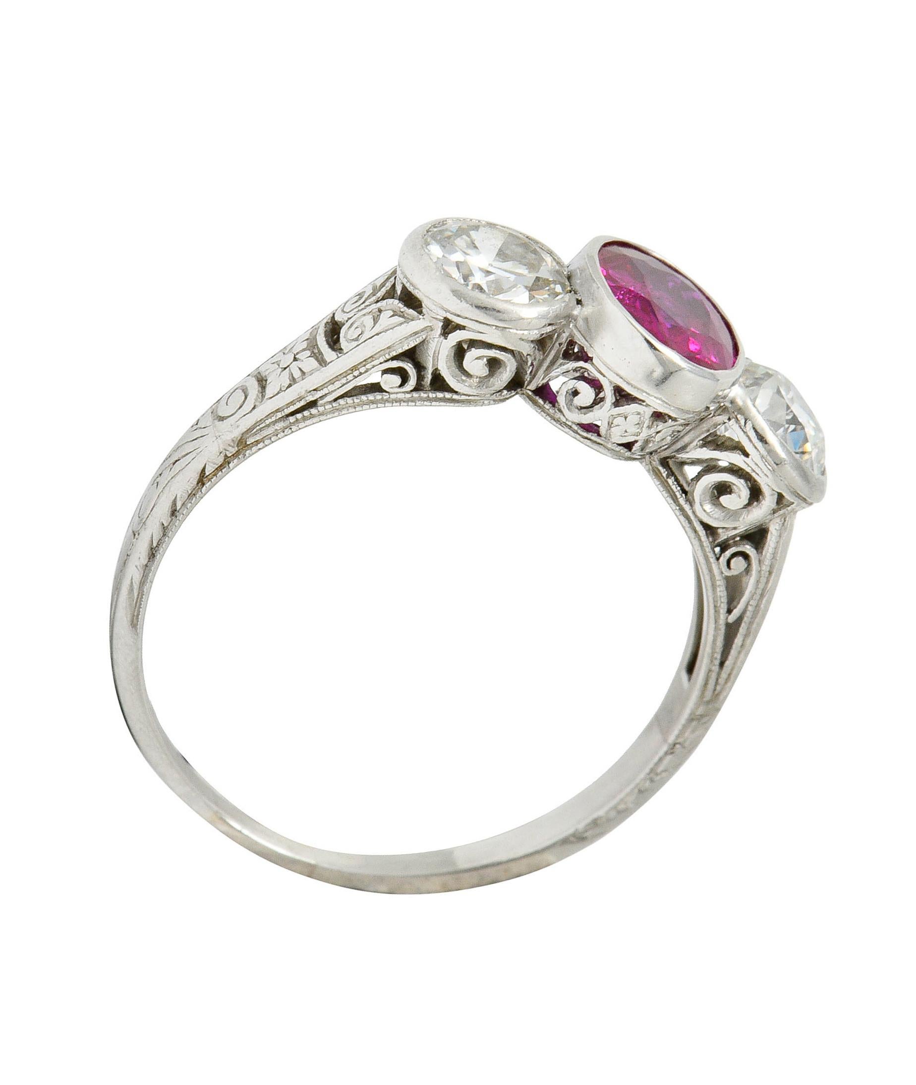 Art Deco 2.03 Carat No Heart Burma Ruby Diamond Platinum Three-Stone Ring 5