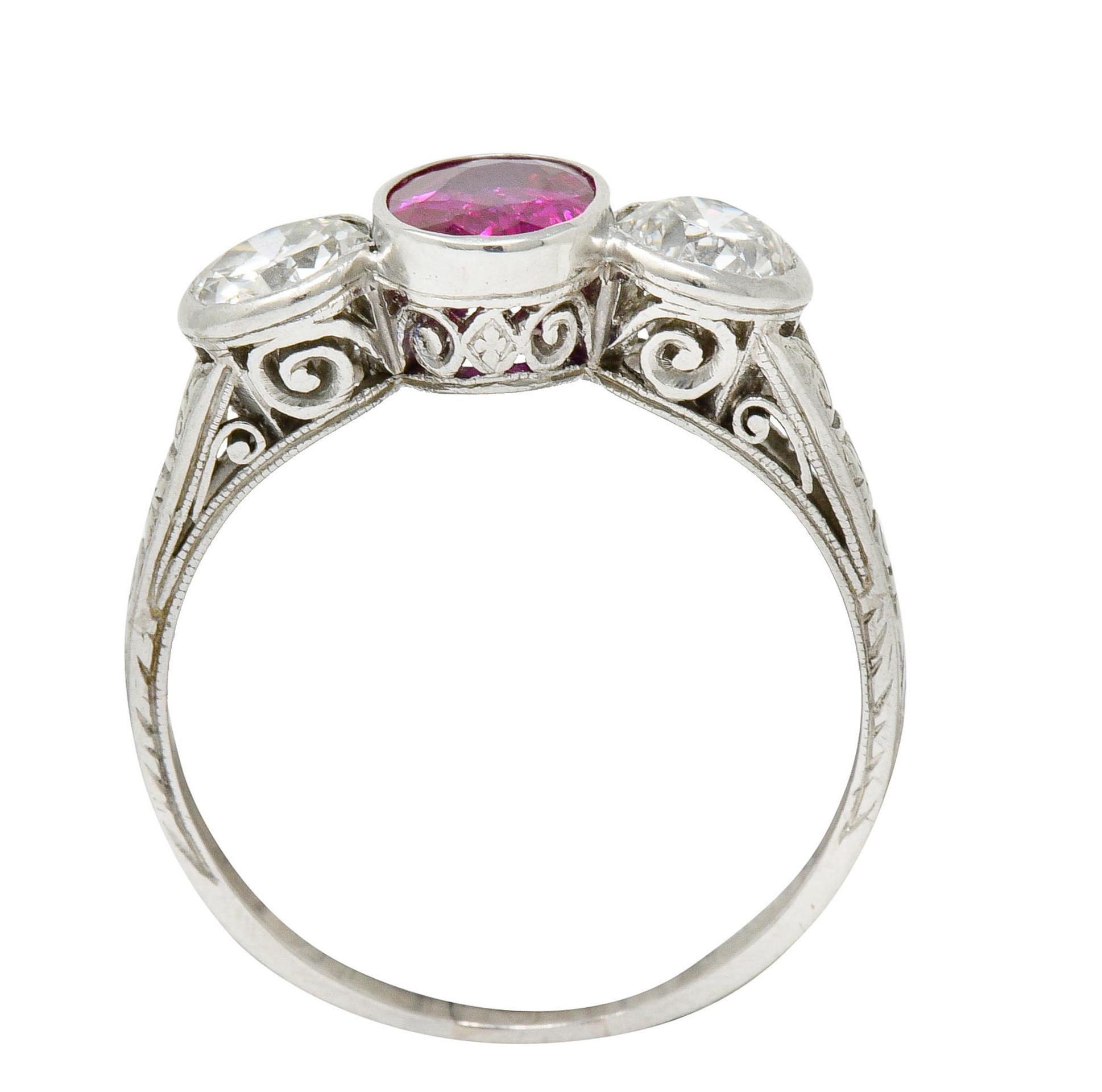 Art Deco 2.03 Carat No Heart Burma Ruby Diamond Platinum Three-Stone Ring 2