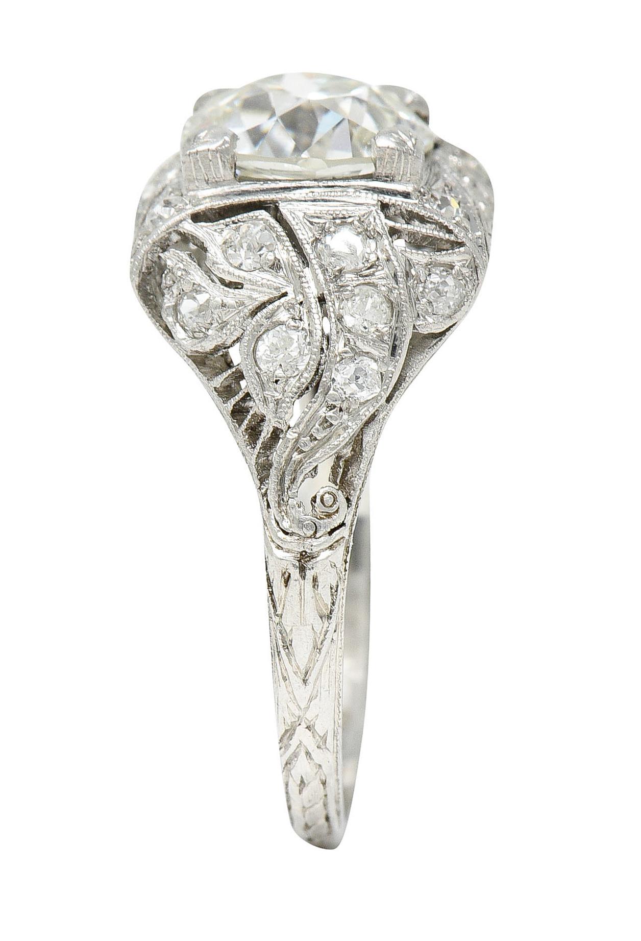 Art Deco 2.03 Carats Old European Cut Diamond Platinum Foliate Engagement Ring For Sale 6