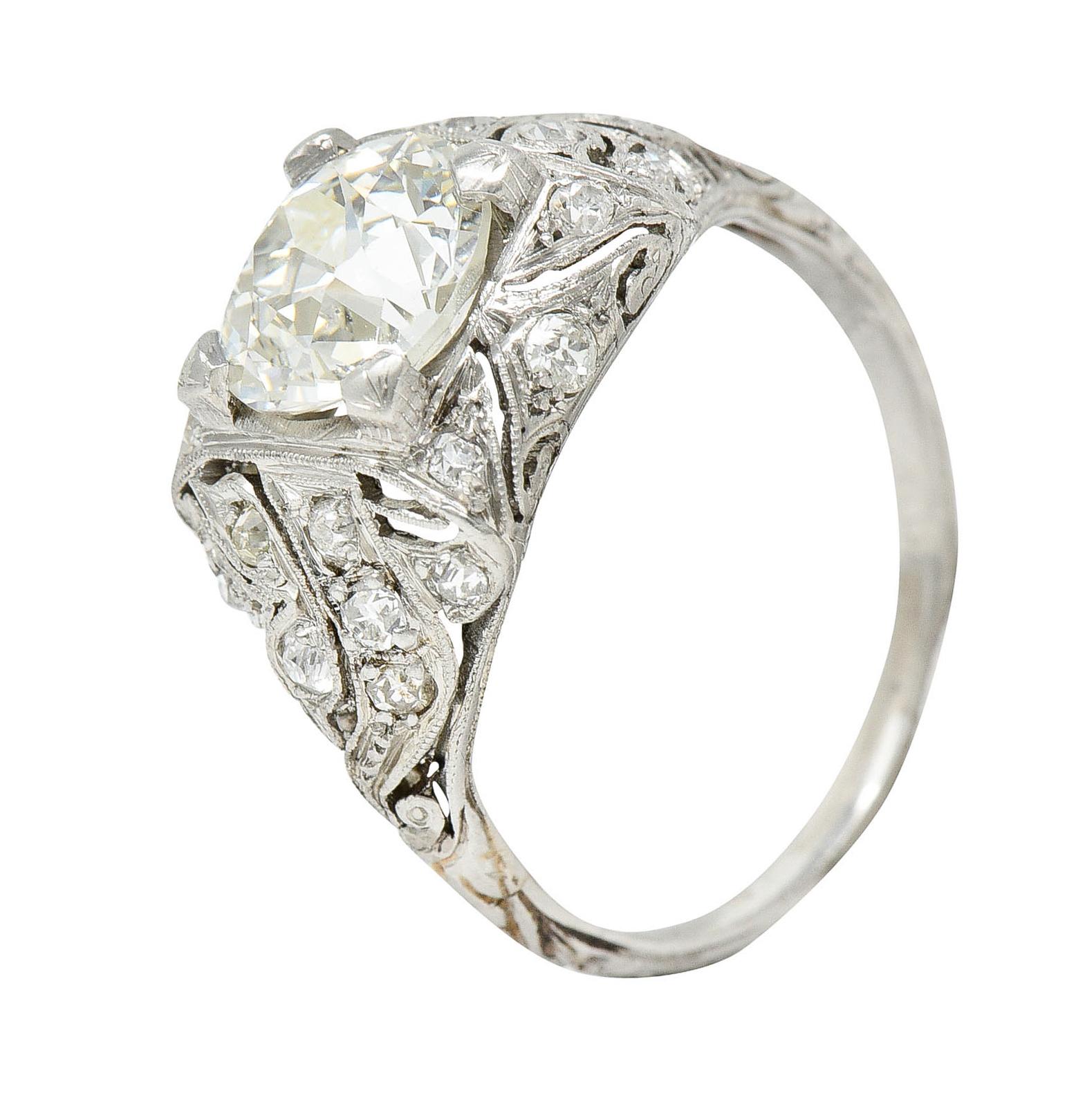 Art Deco 2.03 Carats Old European Cut Diamond Platinum Foliate Engagement Ring For Sale 7