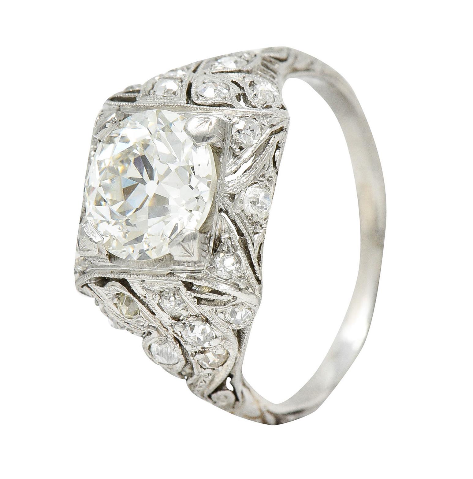 Art Deco 2.03 Carats Old European Cut Diamond Platinum Foliate Engagement Ring For Sale 8