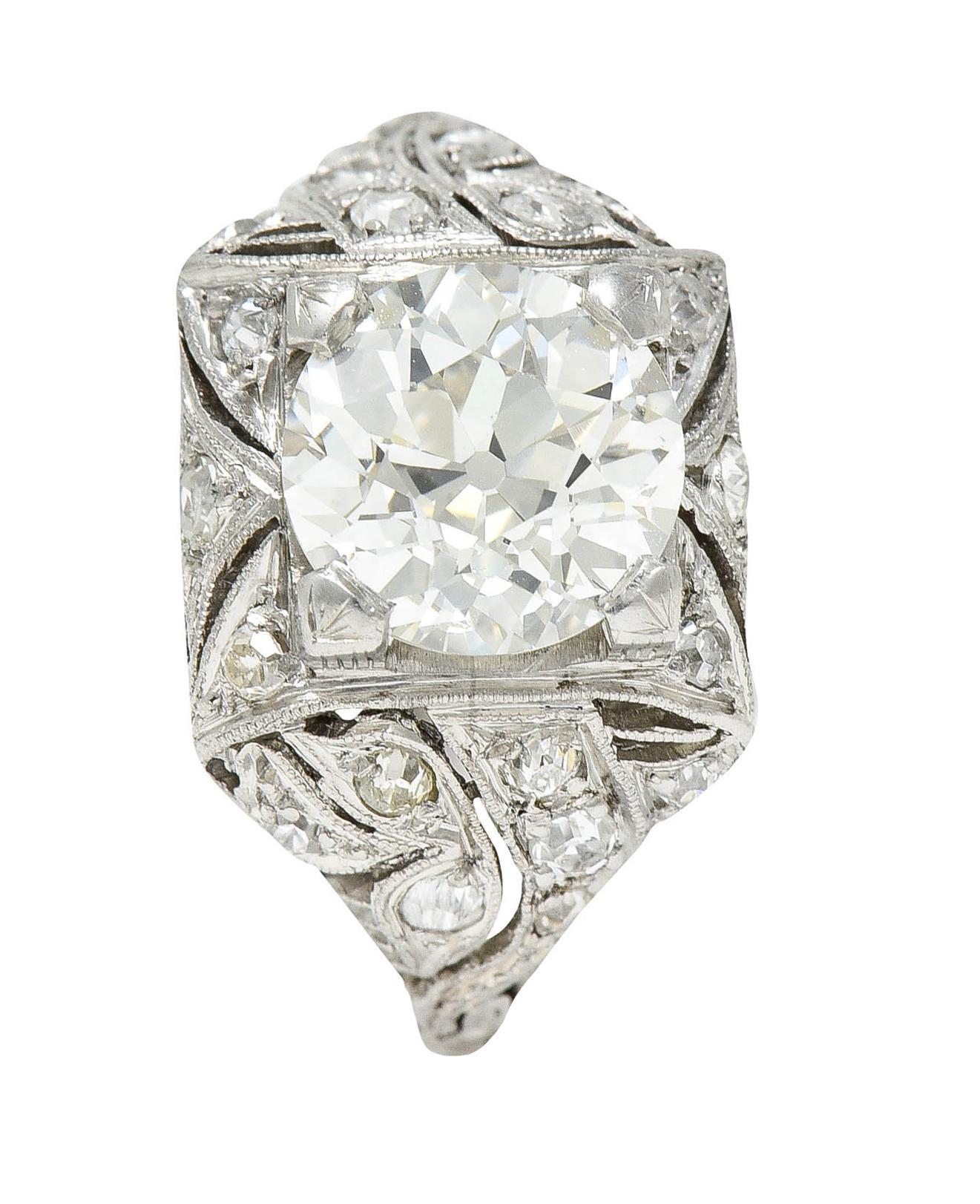 Art Deco 2.03 Carats Old European Cut Diamond Platinum Foliate Engagement Ring For Sale 9