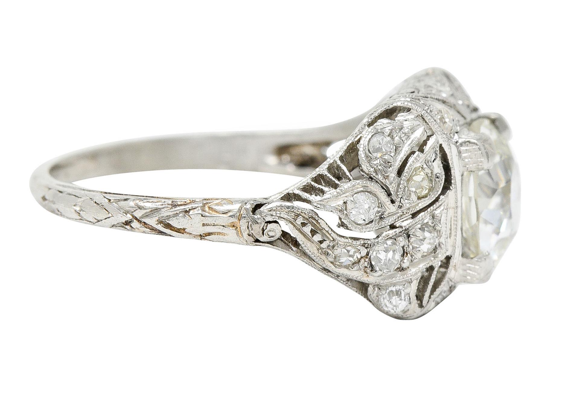 Art Deco 2.03 Carats Old European Cut Diamond Platinum Foliate Engagement Ring In Excellent Condition For Sale In Philadelphia, PA