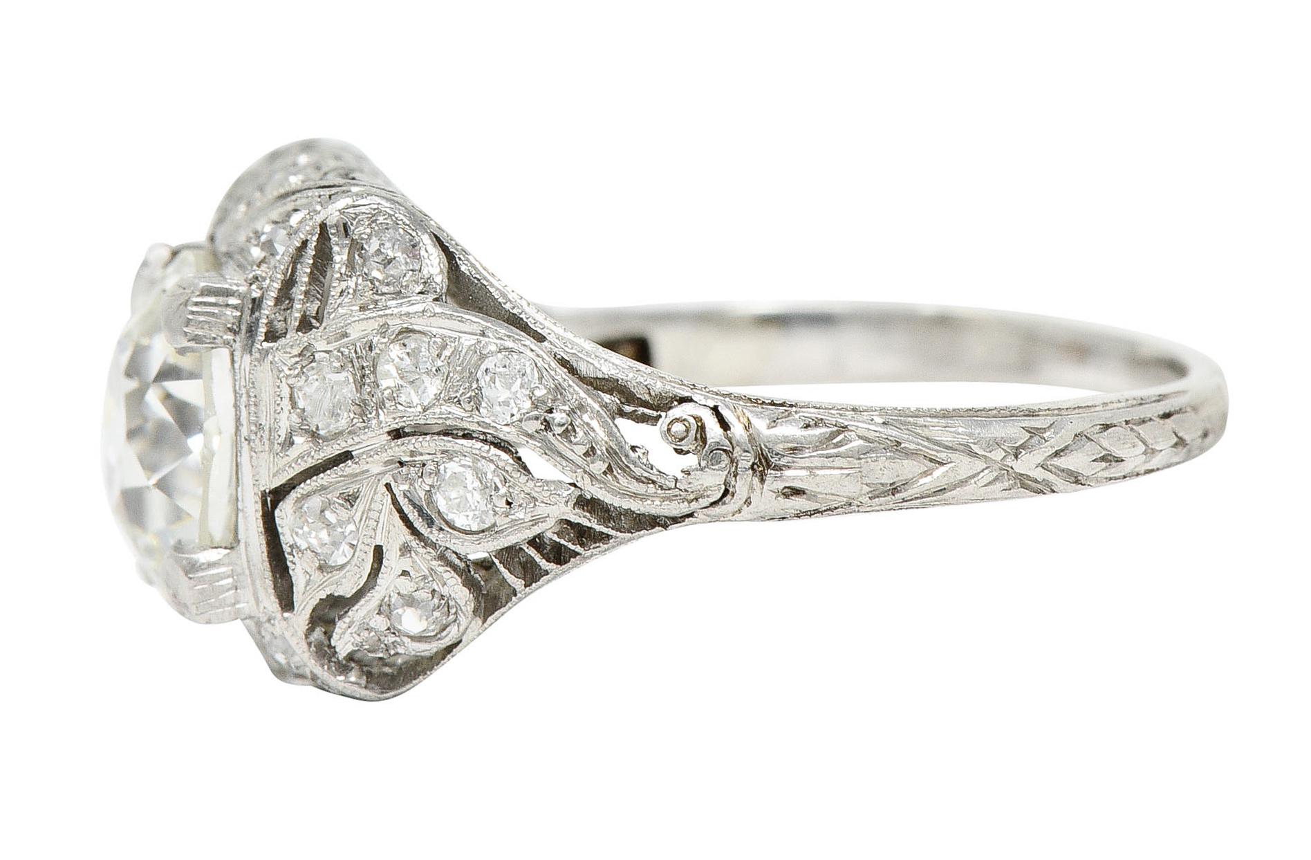 Art Deco 2.03 Carats Old European Cut Diamond Platinum Foliate Engagement Ring 1