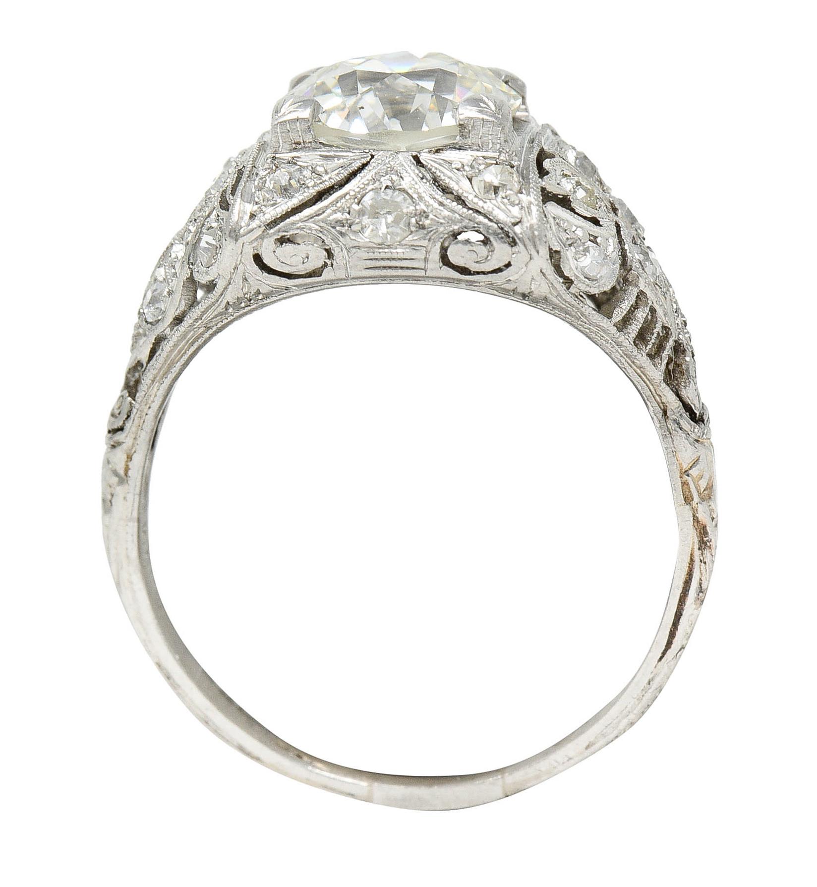 Art Deco 2.03 Carats Old European Cut Diamond Platinum Foliate Engagement Ring 4
