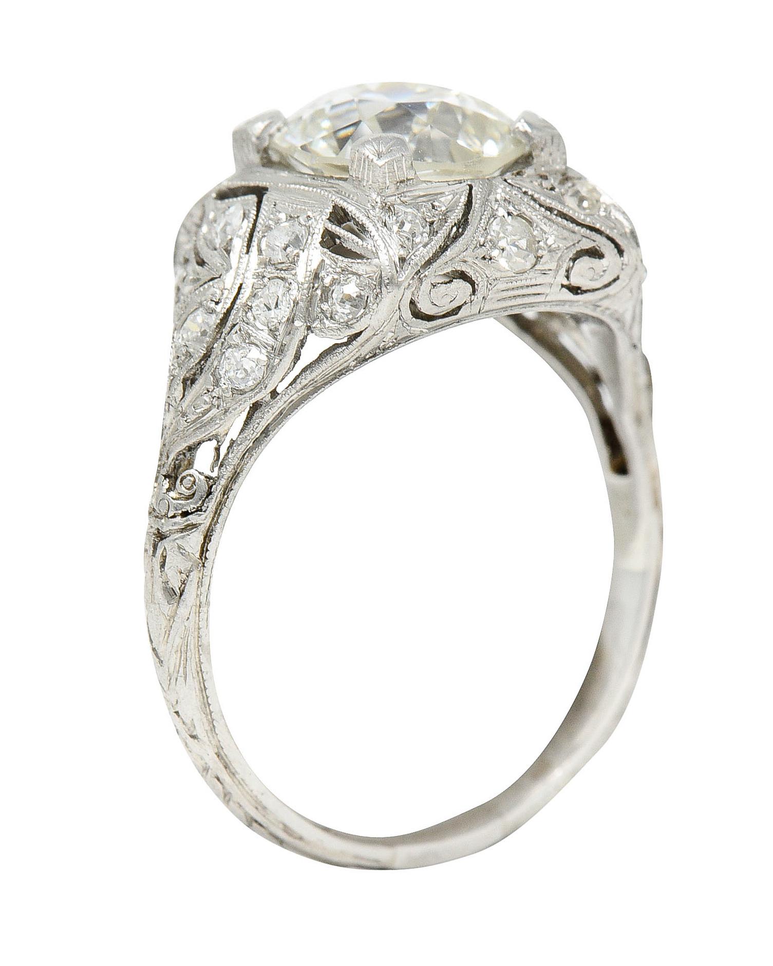 Art Deco 2.03 Carats Old European Cut Diamond Platinum Foliate Engagement Ring 5