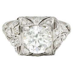 Art Deco 2.03 Carats Old European Cut Diamond Platinum Foliate Engagement Ring