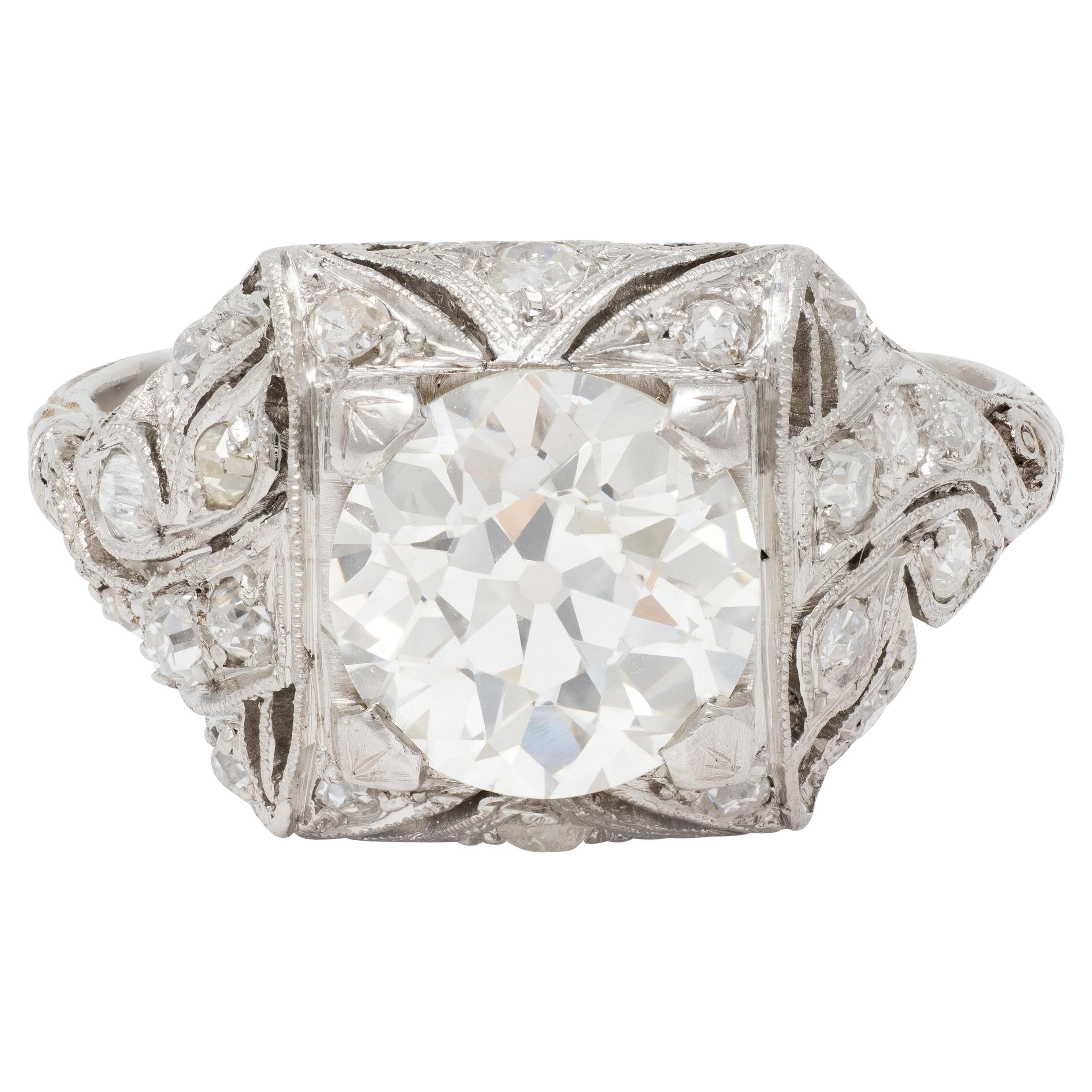 Anillo de Compromiso Art Decó 2.03 CTW Diamante Viejo Europeo Foliado Platino Vintage en venta