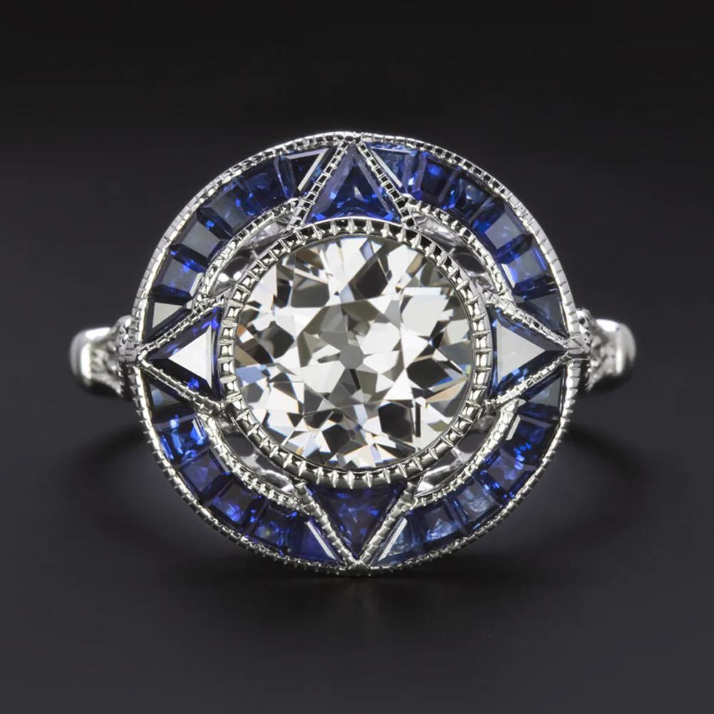 Anillo Art Decó de oro blanco de 14 quilates con diamante y zafiro de 2,04 quilates de la Vieja Europa