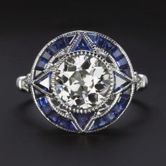 Art Deco 2.04ct Old Euro Diamond & Sapphire Ring in 14K White Gold