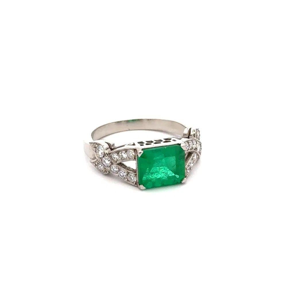 Simply Beautiful! 2.05 Carat Emerald-Cut Emerald and Old European Cut Diamond Platinum Vintage Art Deco Solitaire Cocktail Ring. Centering a securely nestled Hand set 2.05 Carat Emerald-Cut Emerald, accented by OEC Diamonds, weighing approx.