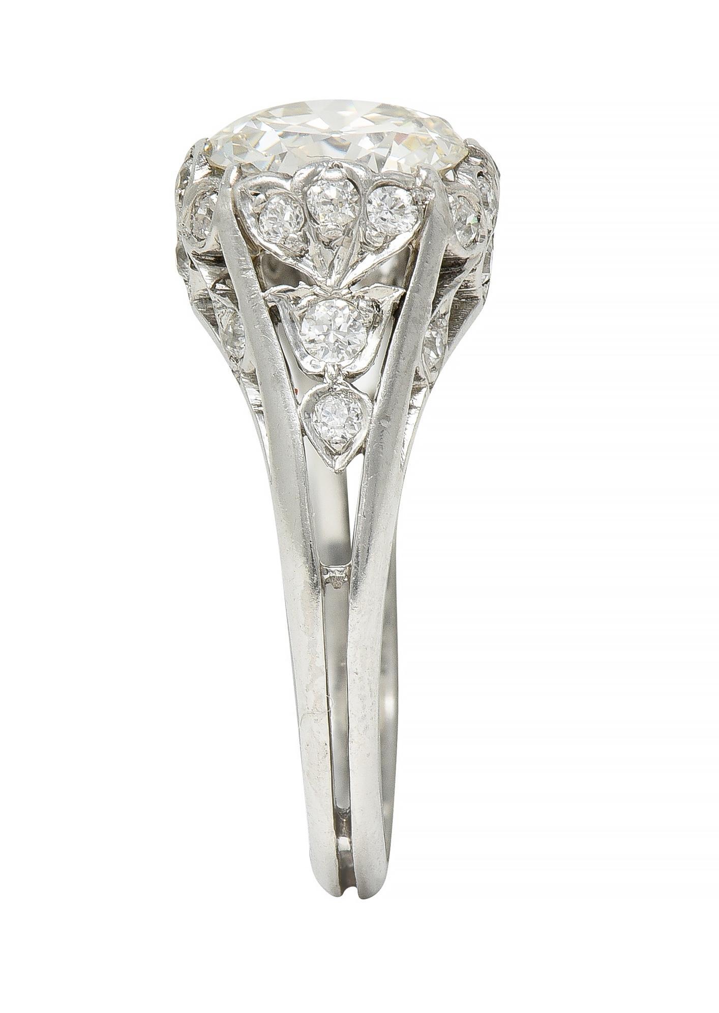 Art Deco 2.05 CTW Old European Cut Diamond Platinum Foliate Engagement Ring For Sale 6