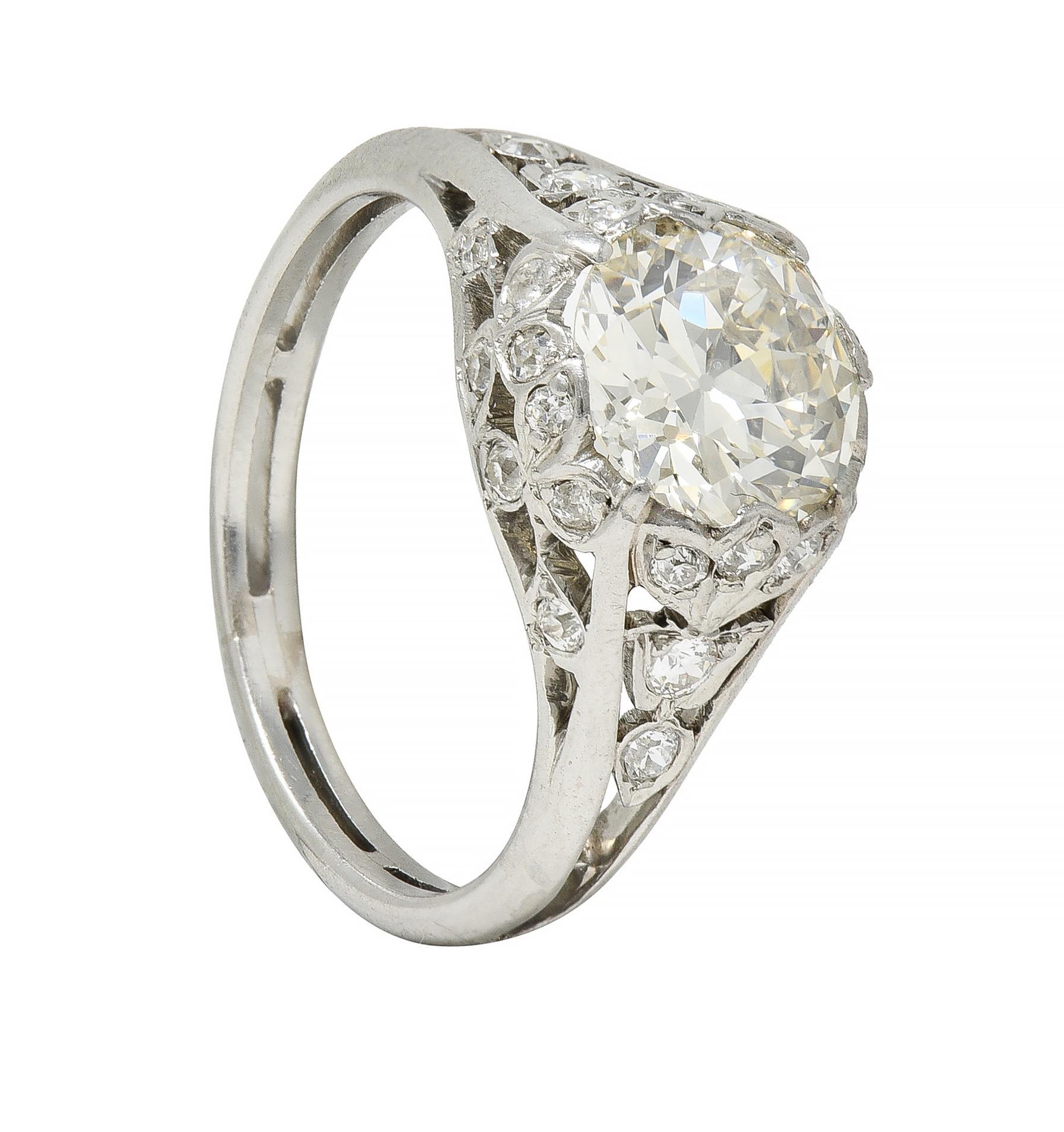 Art Deco 2.05 CTW Old European Cut Diamond Platinum Foliate Engagement Ring For Sale 7